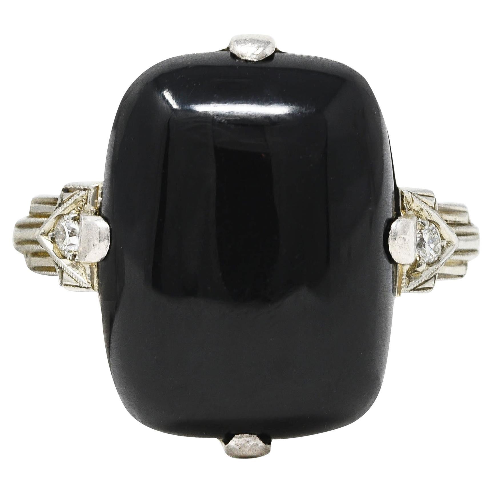 Felger Inc. Art Deco Cushion Onyx Diamond 14 Karat White Gold Antique Ring