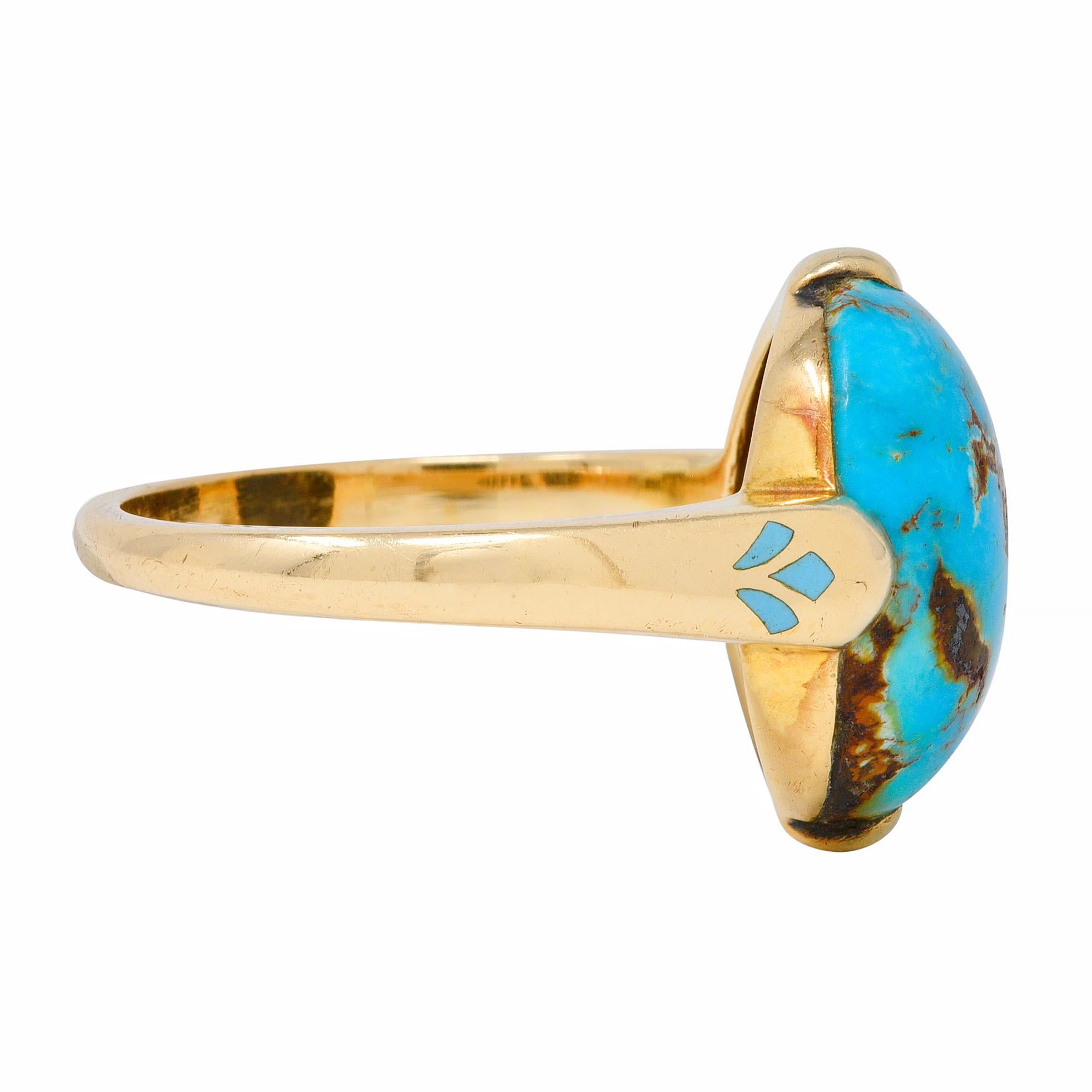 Cabochon Felger Inc. Art Deco Turquoise Enamel 14 Karat Yellow Gold Antique Ring