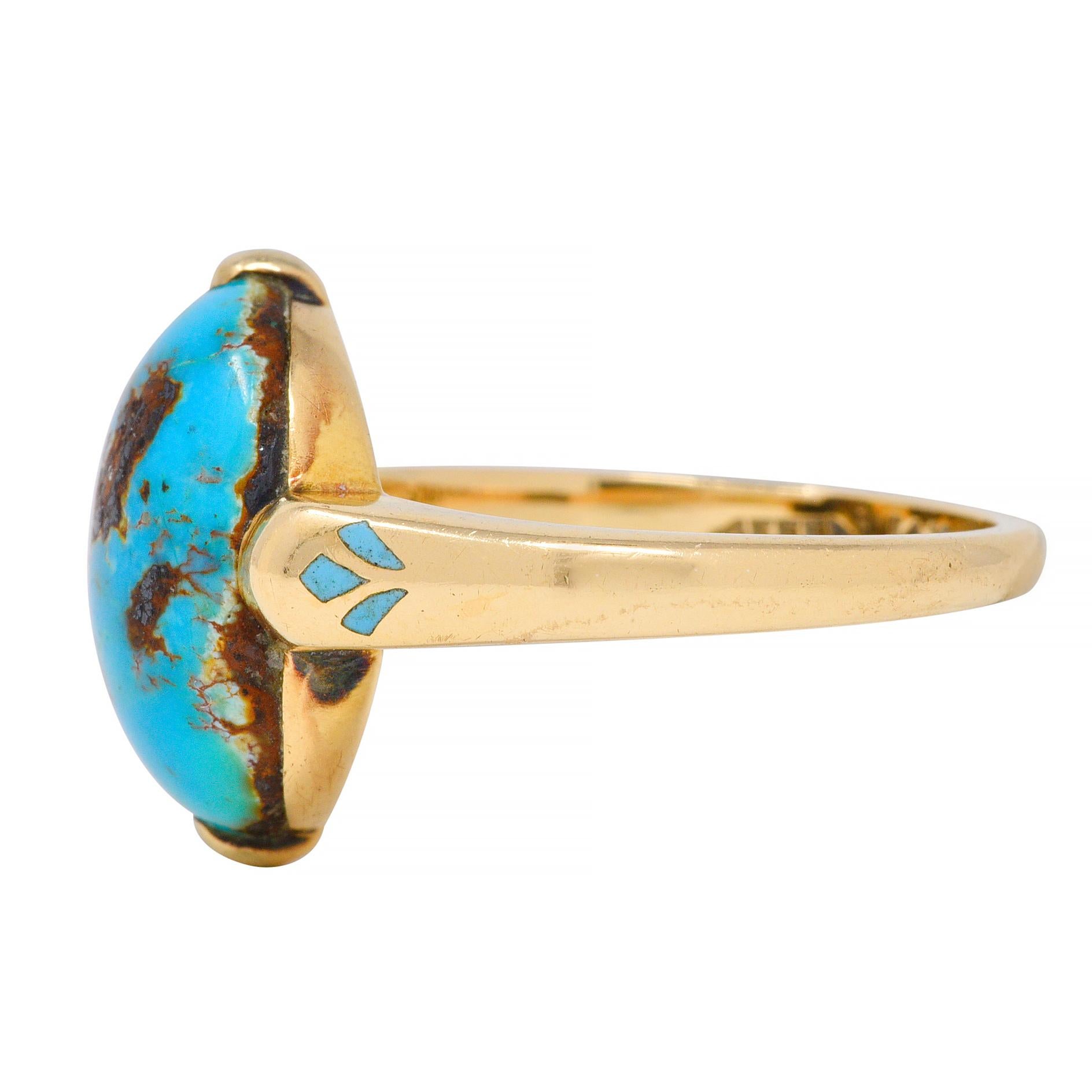 Women's or Men's Felger Inc. Art Deco Turquoise Enamel 14 Karat Yellow Gold Antique Ring