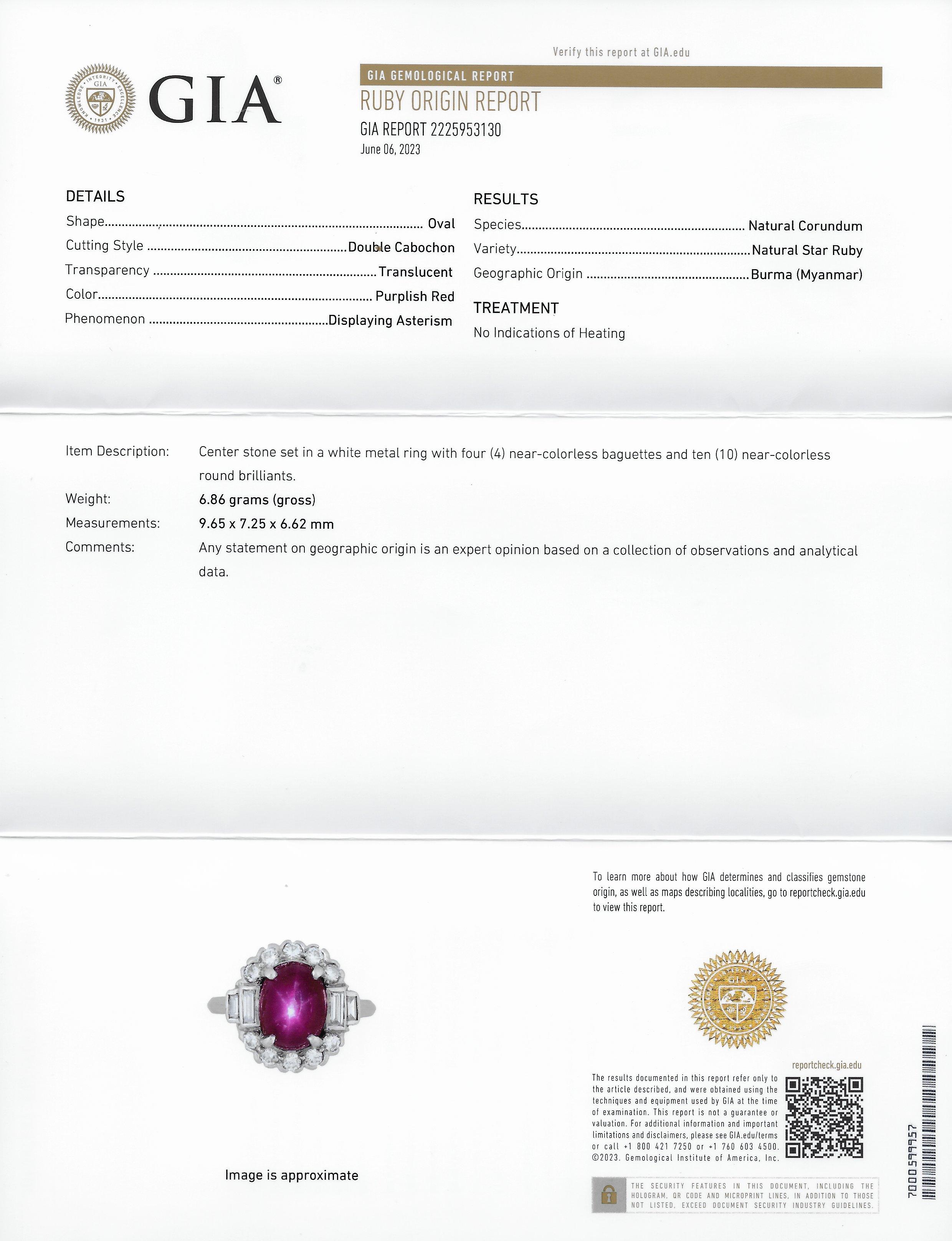 Felger Inc. Mid-Century 5.65 CTW No Heat Bruma Star Ruby Diamond Ring GIA 10