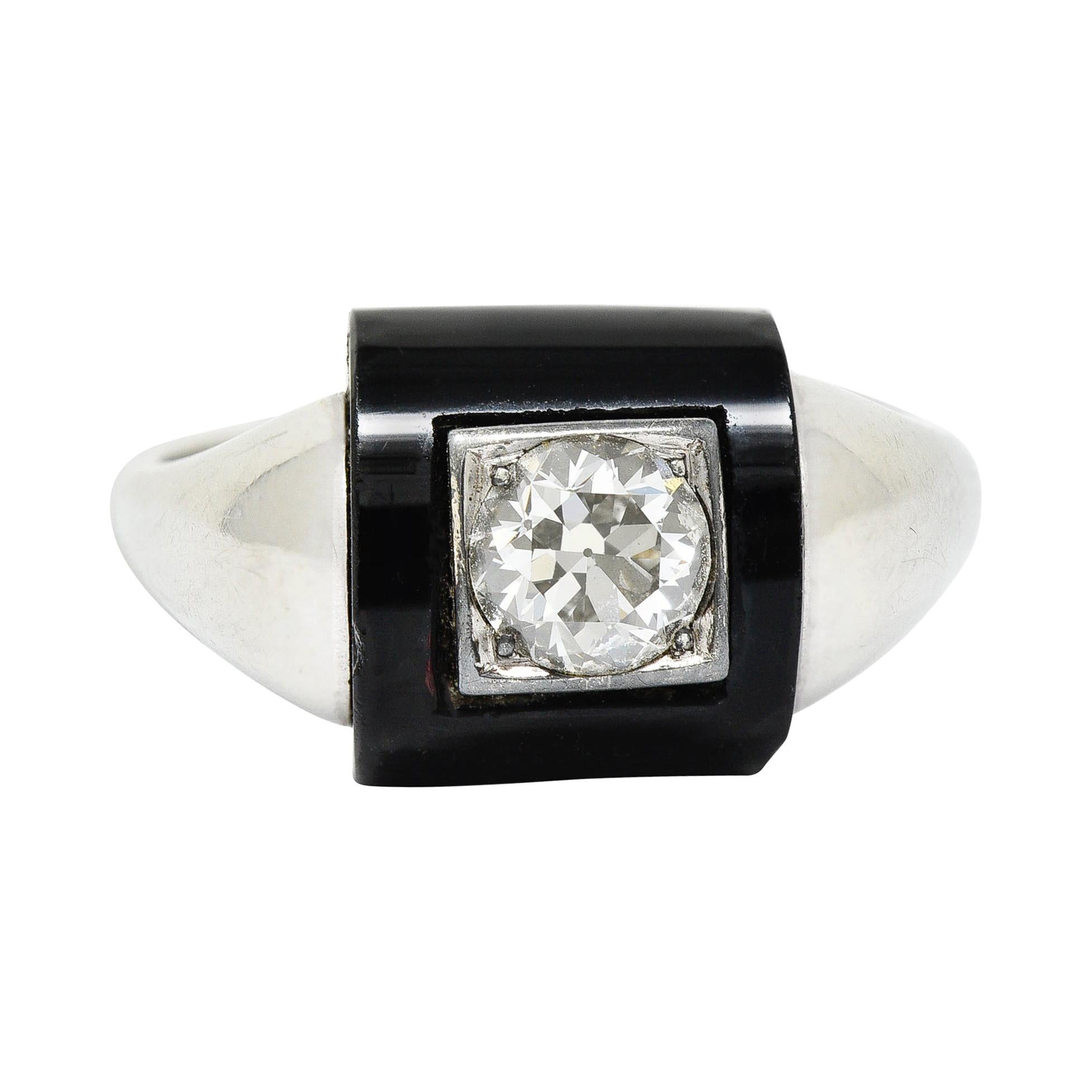 Felger Inc. Onyx Diamond 14 Karat White Gold Art Deco Band Ring