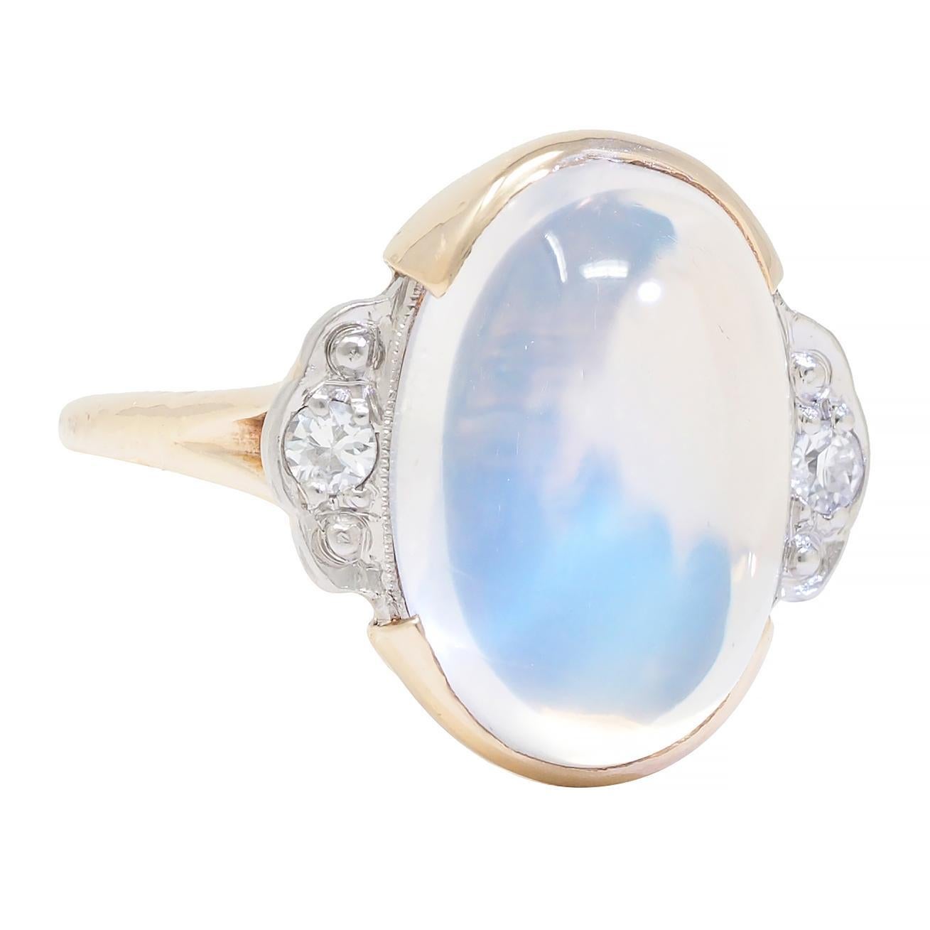 Cabochon Felger Inc. Retro Moonstone Diamond 14 Karat Two-Tone Gold Vintage Ring