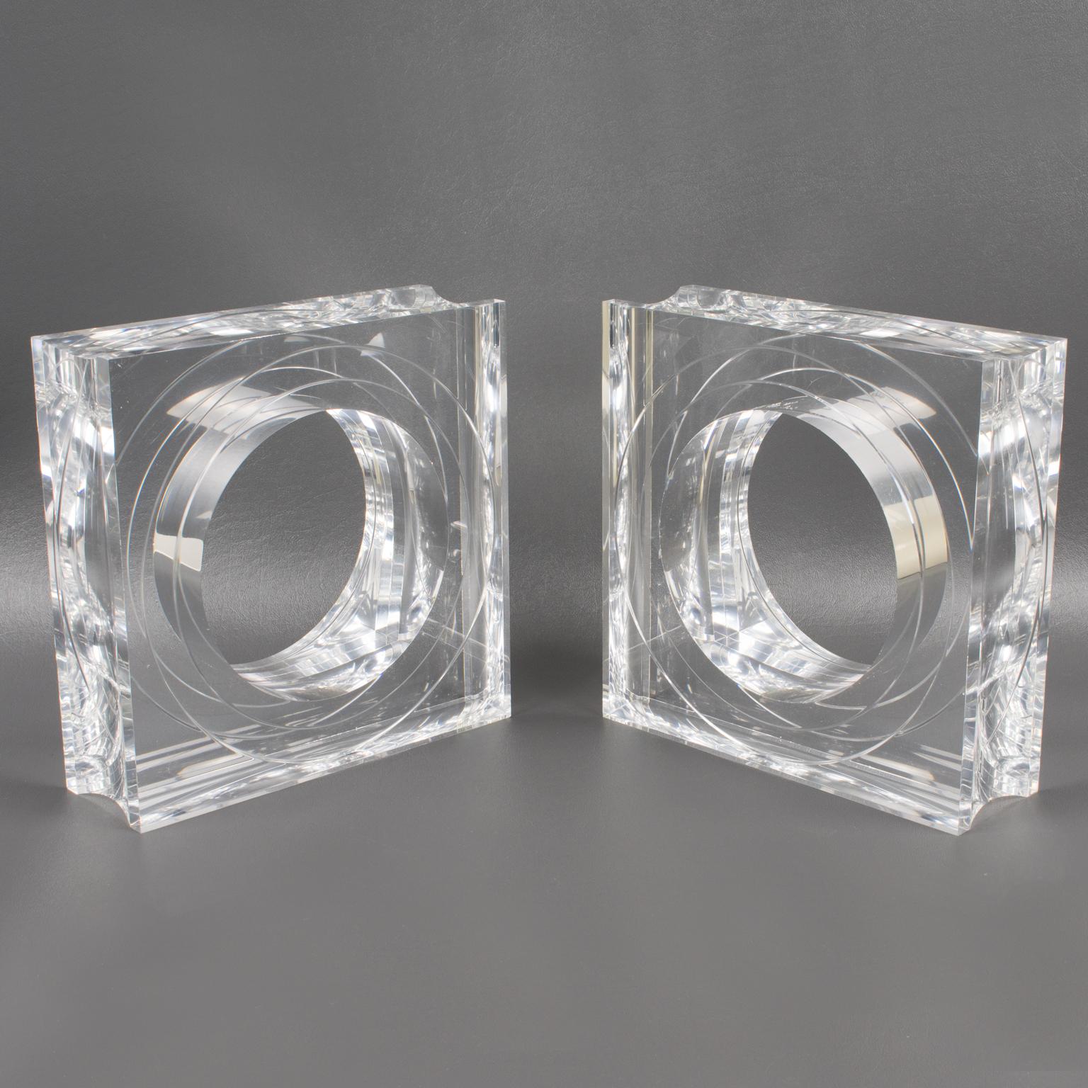 Stunning geometric Lucite bookends designed by Felice Antonio Botta, Firenze, Italy. Elegant 1970s modernist shape with incredible 