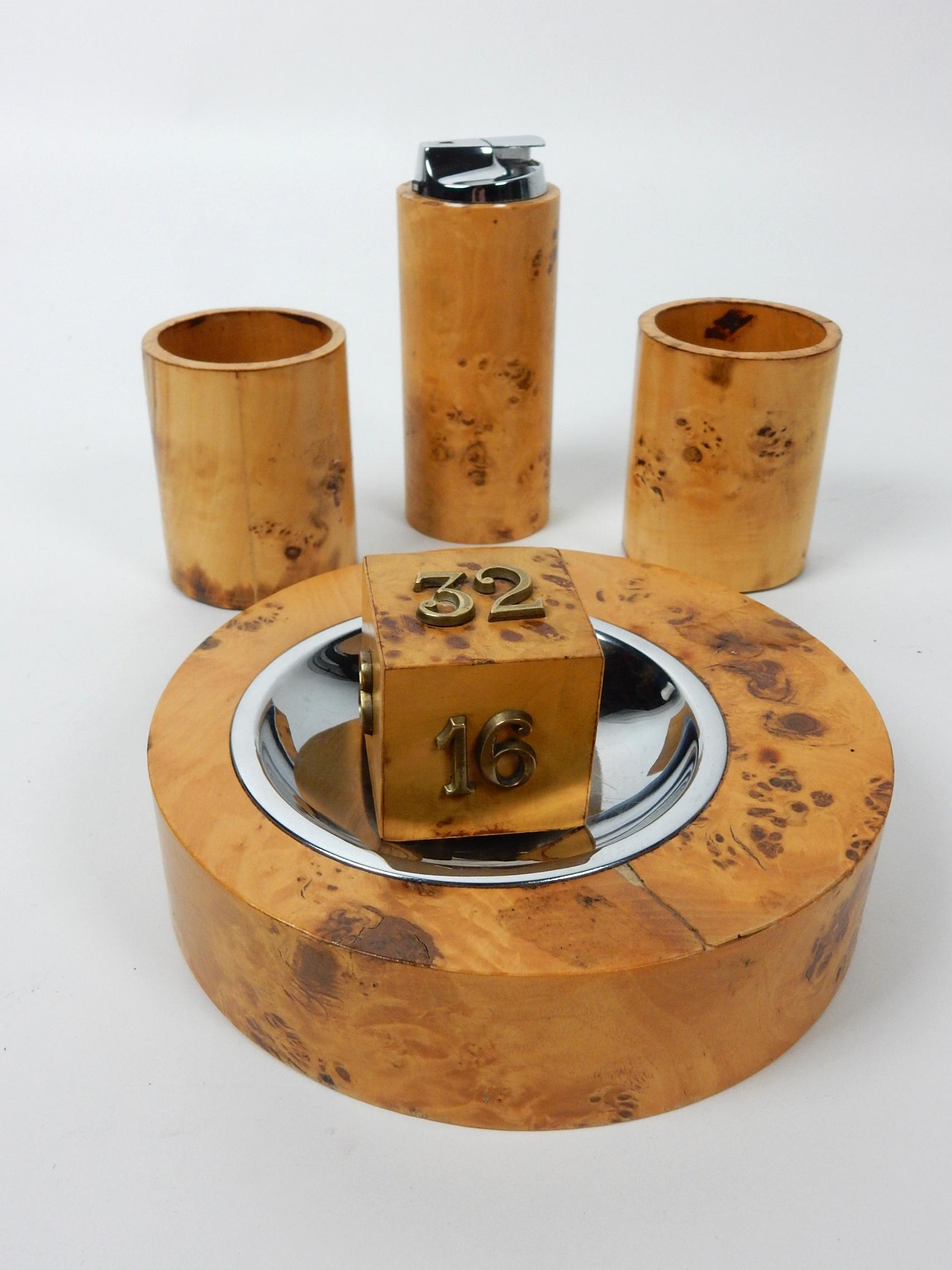 Felice Antonio Botta Italy Table Top Smoking Set Ashtray Burlwood Chrome Brass For Sale 1
