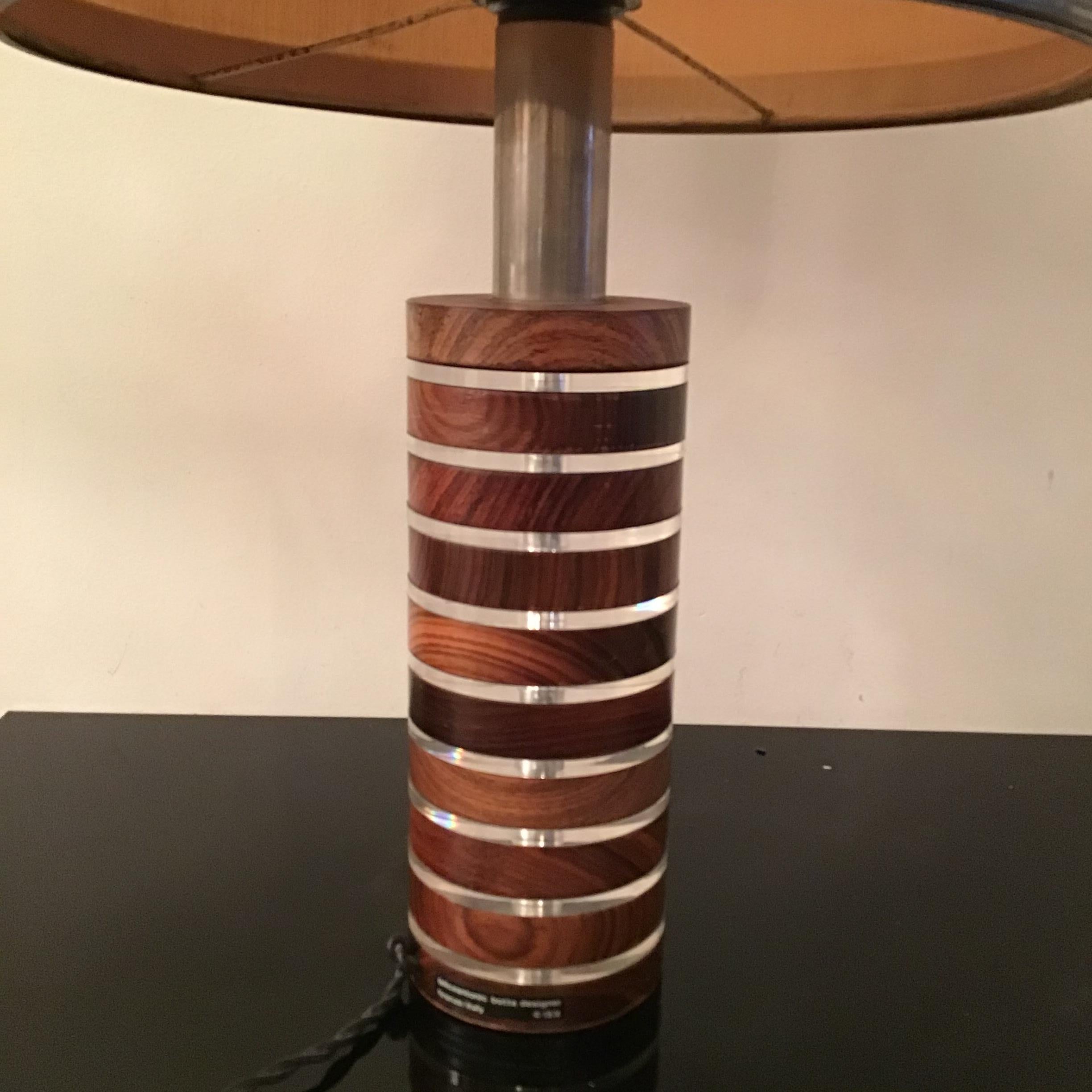 Italian Felice Antonio Botta Table Lamp Brass Wood Plexiglass Fabric Brass Lampshade1974 For Sale