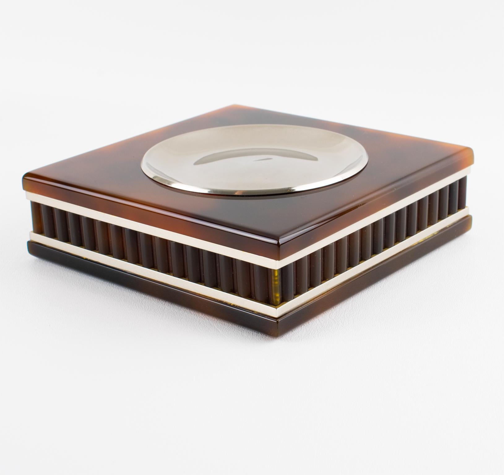 Mid-Century Modern Felice Antonio Botta Tortoise Lucite and Chrome Ashtray, Desk Tidy, Catchall For Sale