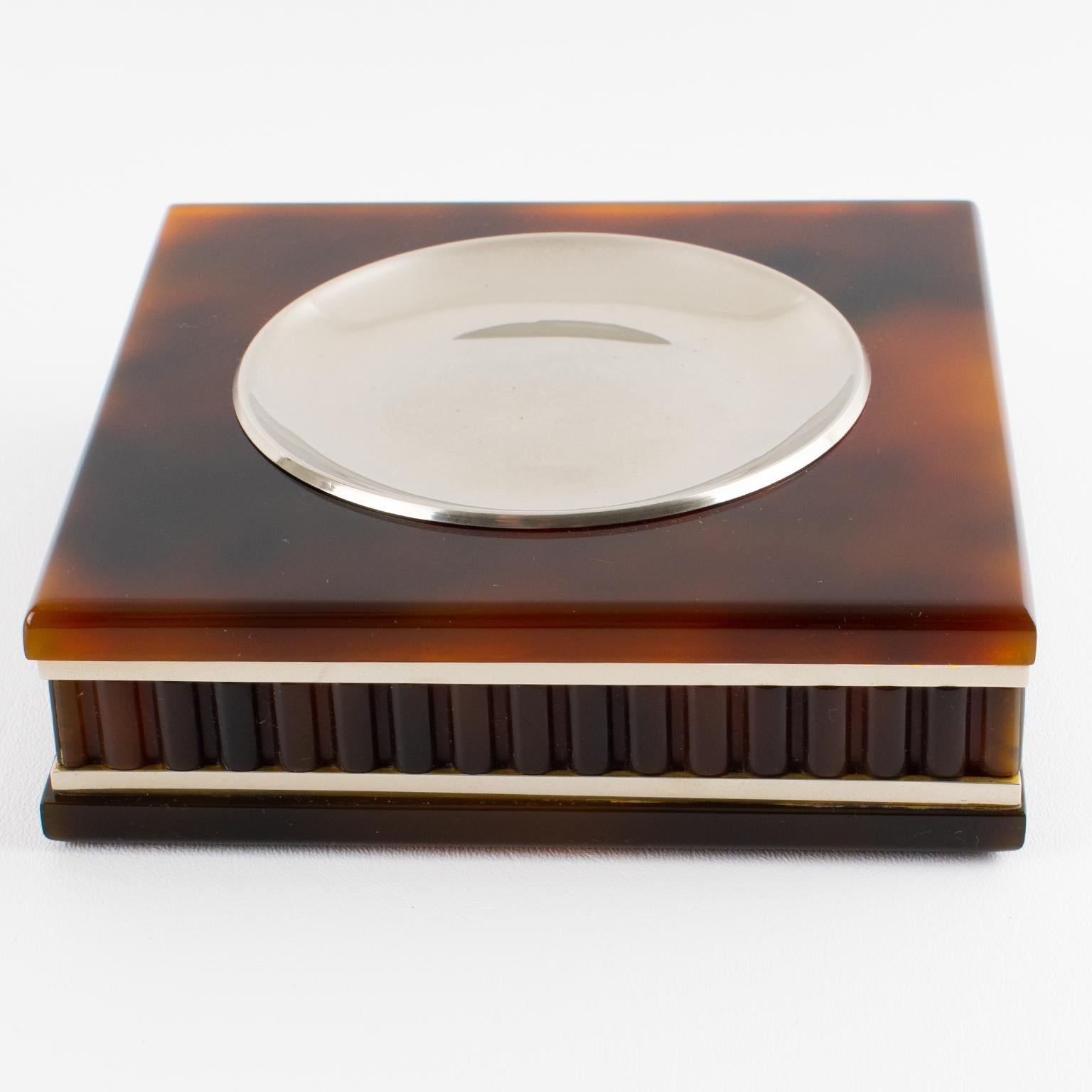 Italian Felice Antonio Botta Tortoise Lucite and Chrome Ashtray, Desk Tidy, Catchall For Sale