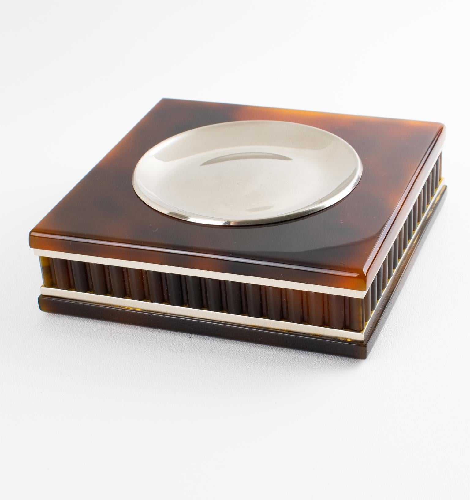 Felice Antonio Botta Tortoise Lucite and Chrome Ashtray, Desk Tidy, Catchall In Good Condition For Sale In Atlanta, GA