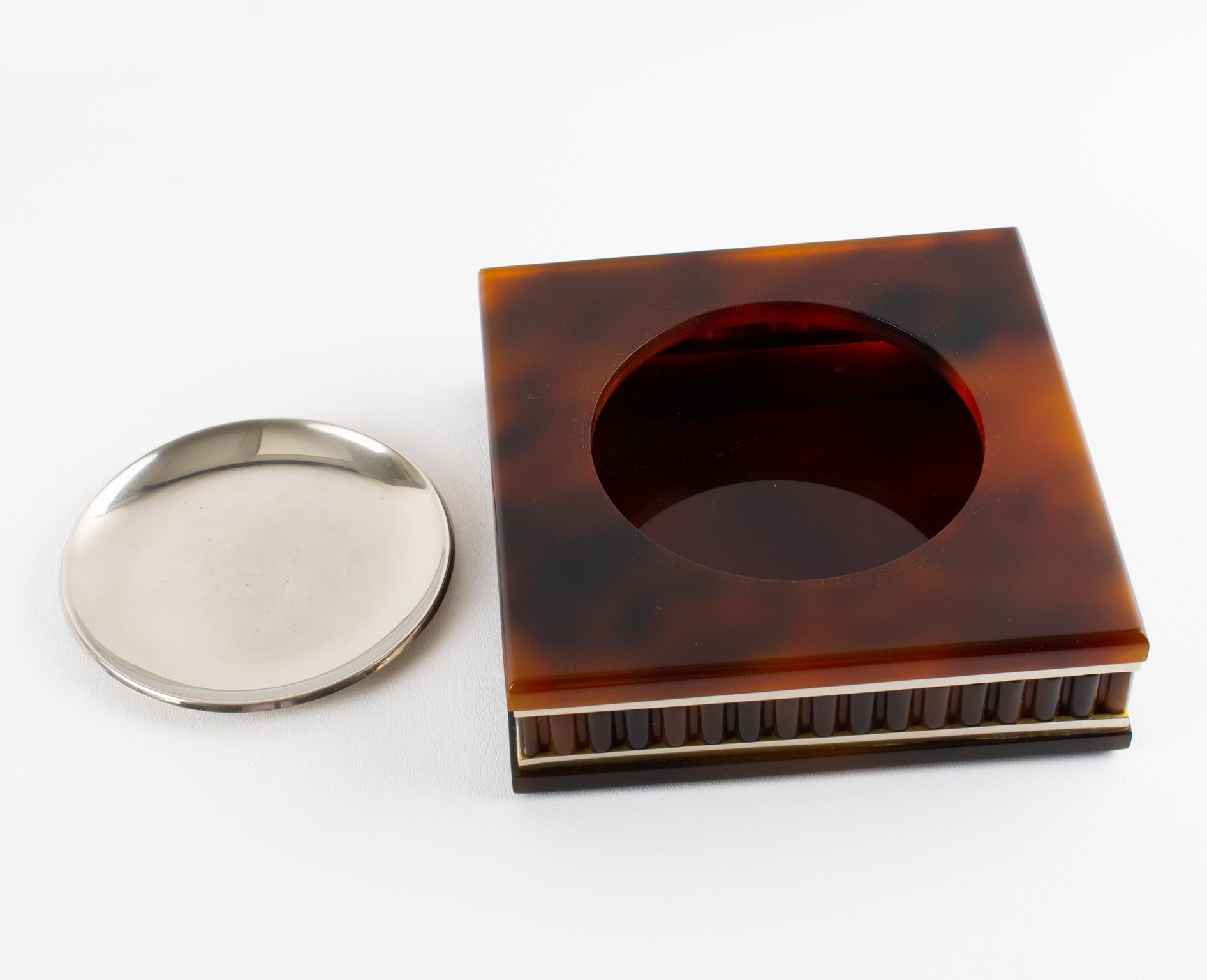 Late 20th Century Felice Antonio Botta Tortoise Lucite and Chrome Ashtray, Desk Tidy, Catchall For Sale