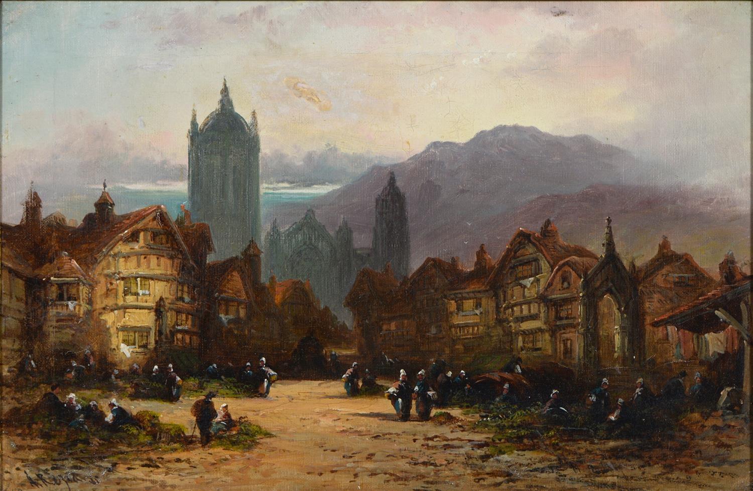 Nordeuropäische Busy Town-Szene in der Dämmerung, signiertes Ölgemälde, 19. Jahrhundert – Painting von Felice Auguste Rezia