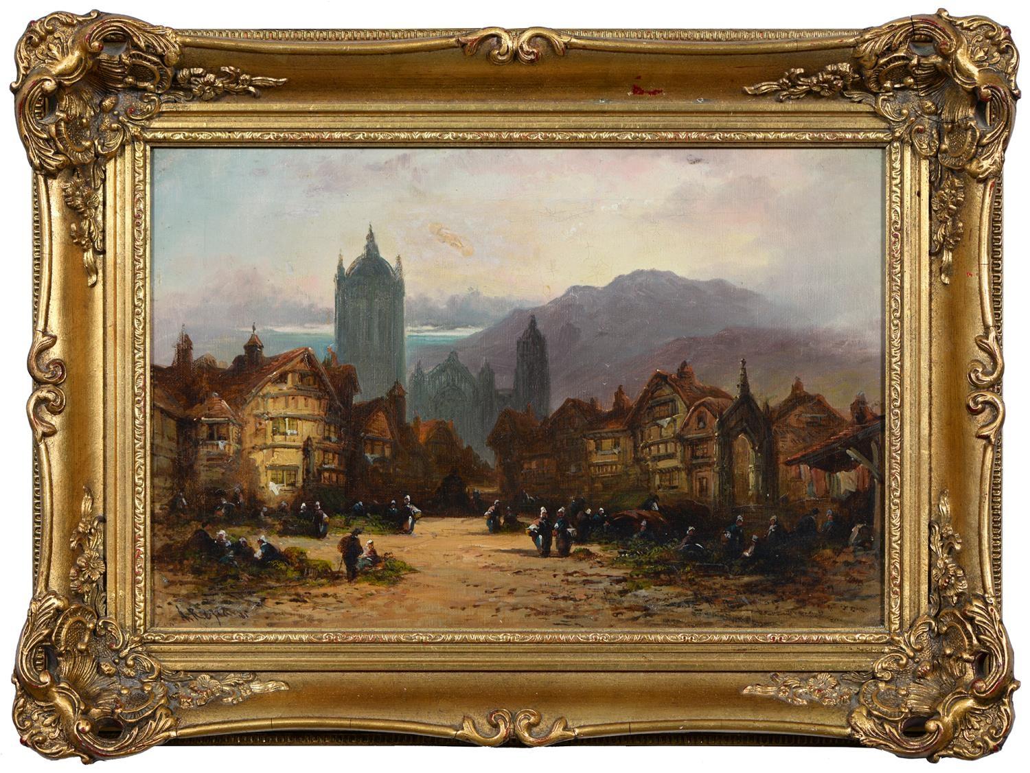 19th Century Northern European Busy Town Scene at Dusk Signed Oil Painting