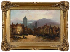 Peinture à l'huile du 19ème siècle - Scène de ville animée d'Europe du Nord au crépuscule signée