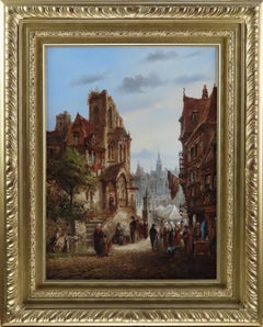 Oil Painting Pair by Felice Auguste Rezia, "Continental Town Views"