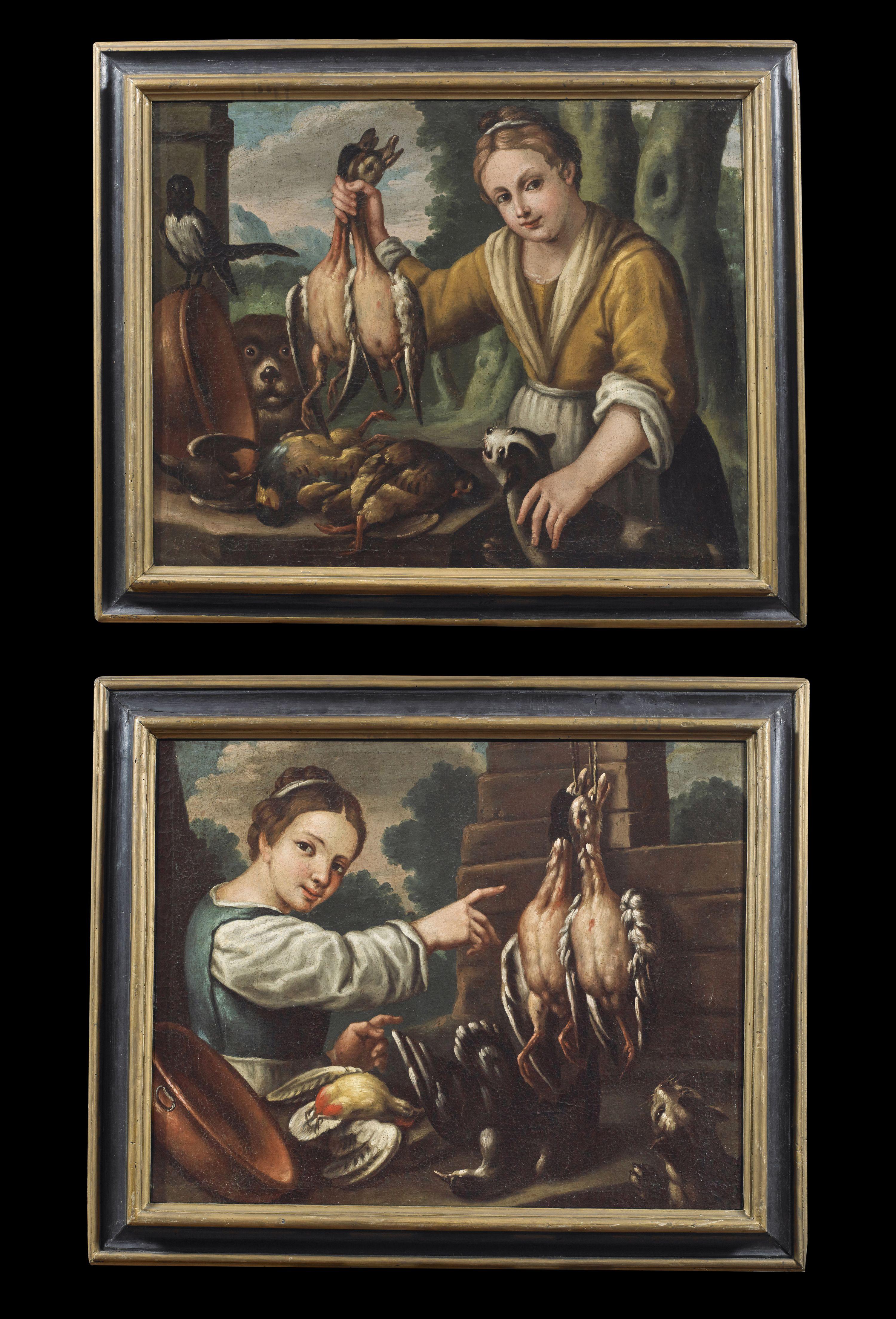 Gemäldepaar, noch auf der ersten Leinwand, Öl auf Leinwand in den Maßen 70 x 82 cm ohne Rahmen und 80 x 92 cm mit Coeval-Rahmen des Malers Felice Boselli (Piacenza 1650 - Parma 1732), das ein Stillleben mit volkstümlichen Figuren, Tieren und Wild