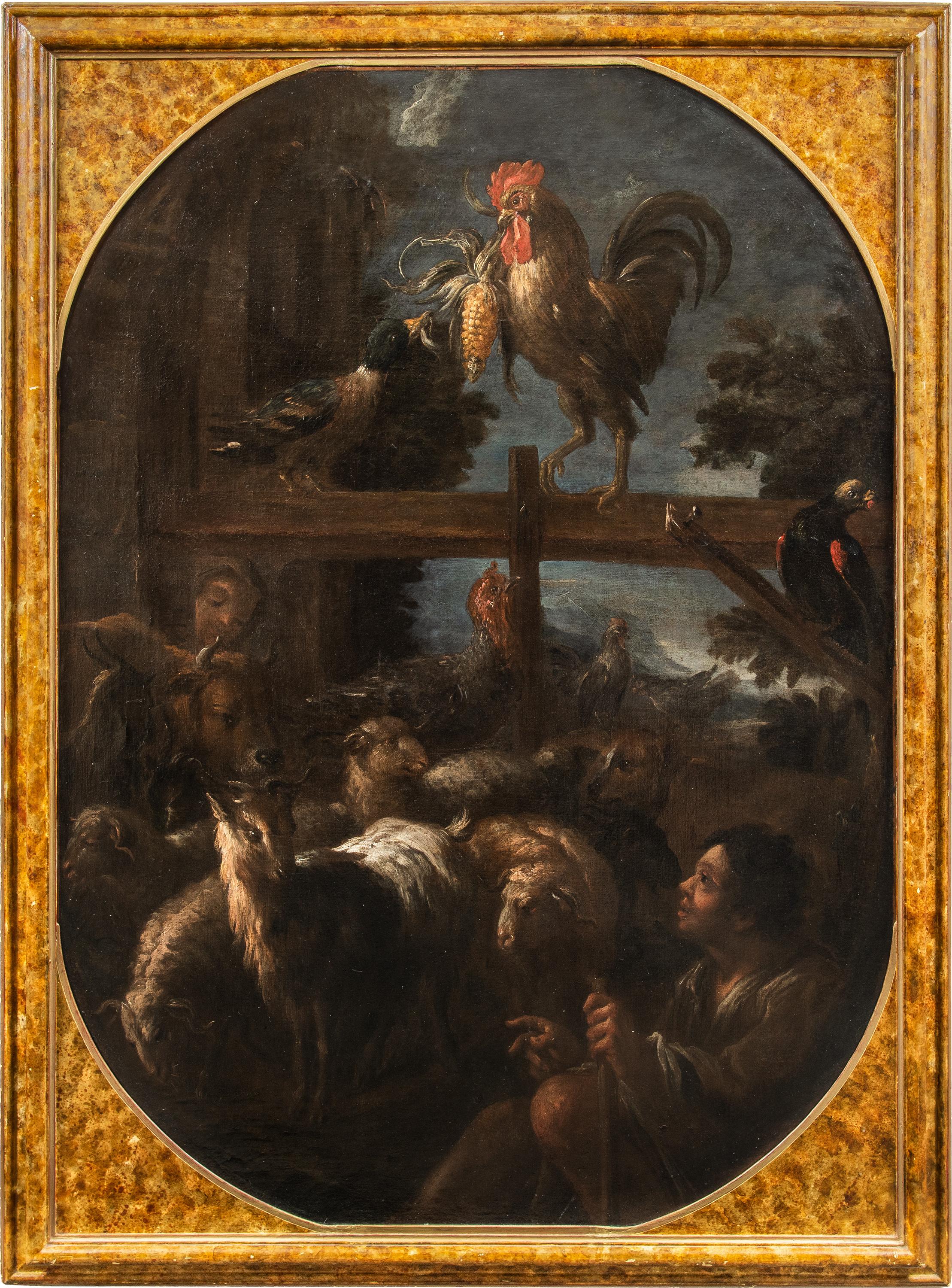 Felice Boselli (Piacenza 1650 - Parma 1732) - Berger avec troupeau et gibier.

155 x 112 cm sans cadre, 170 x 126 cm avec cadre.

Huile sur toile, dans un cadre en bois laqué faux marbre.

Le tableau présente des affinités stylistiques avec le "Jeu