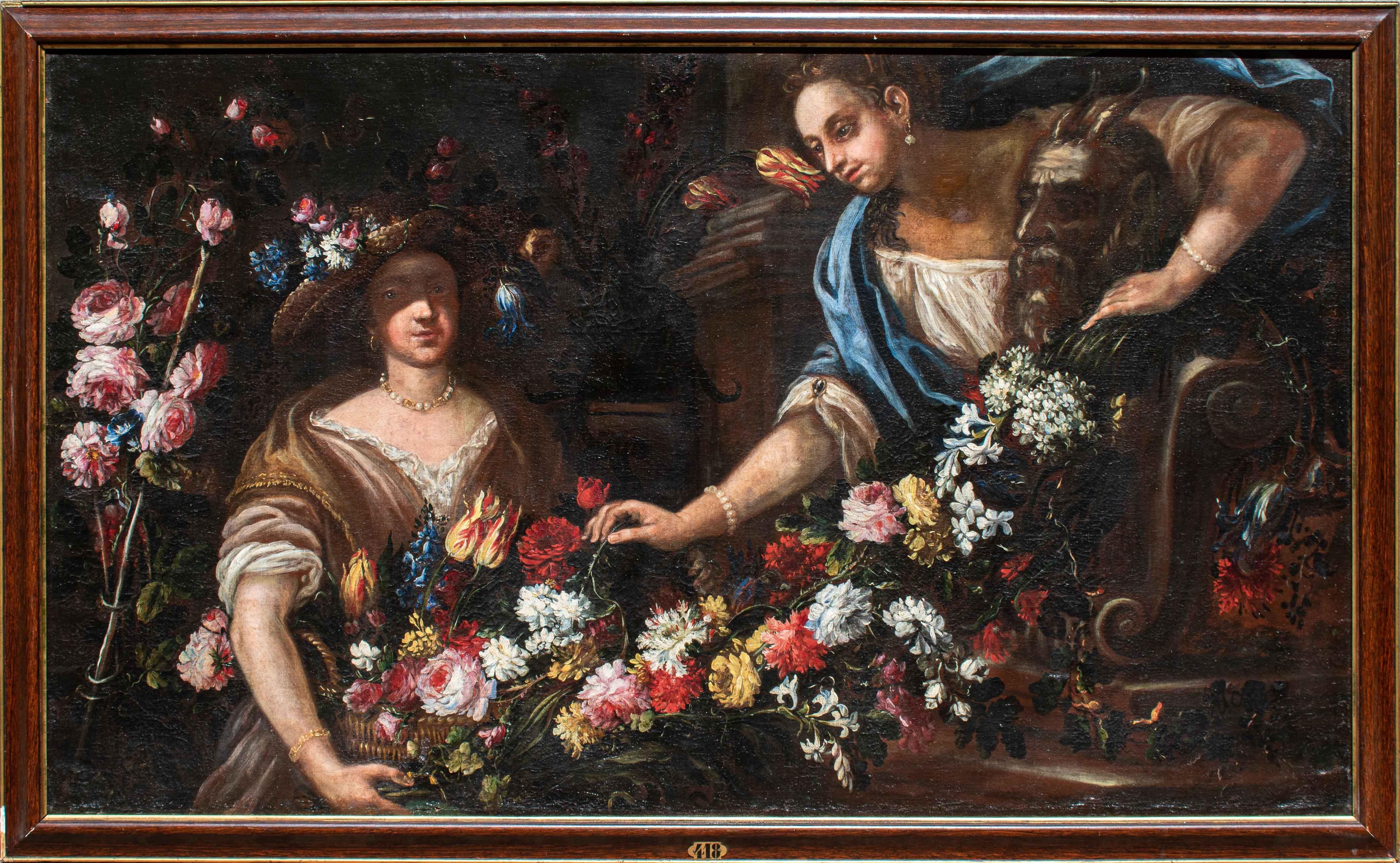 Felice Boselli (Piacenza, 1650 - Parma, 1732)

Stilleben mit zwei Frauen

Öl auf Leinwand, 98,5 x 164 cm

Rahmen 108 x 175,5 

Die raffinierte Komposition, die ein Blumenstillleben mit zwei Frauen darstellt, kann aufgrund stilistischer und formaler