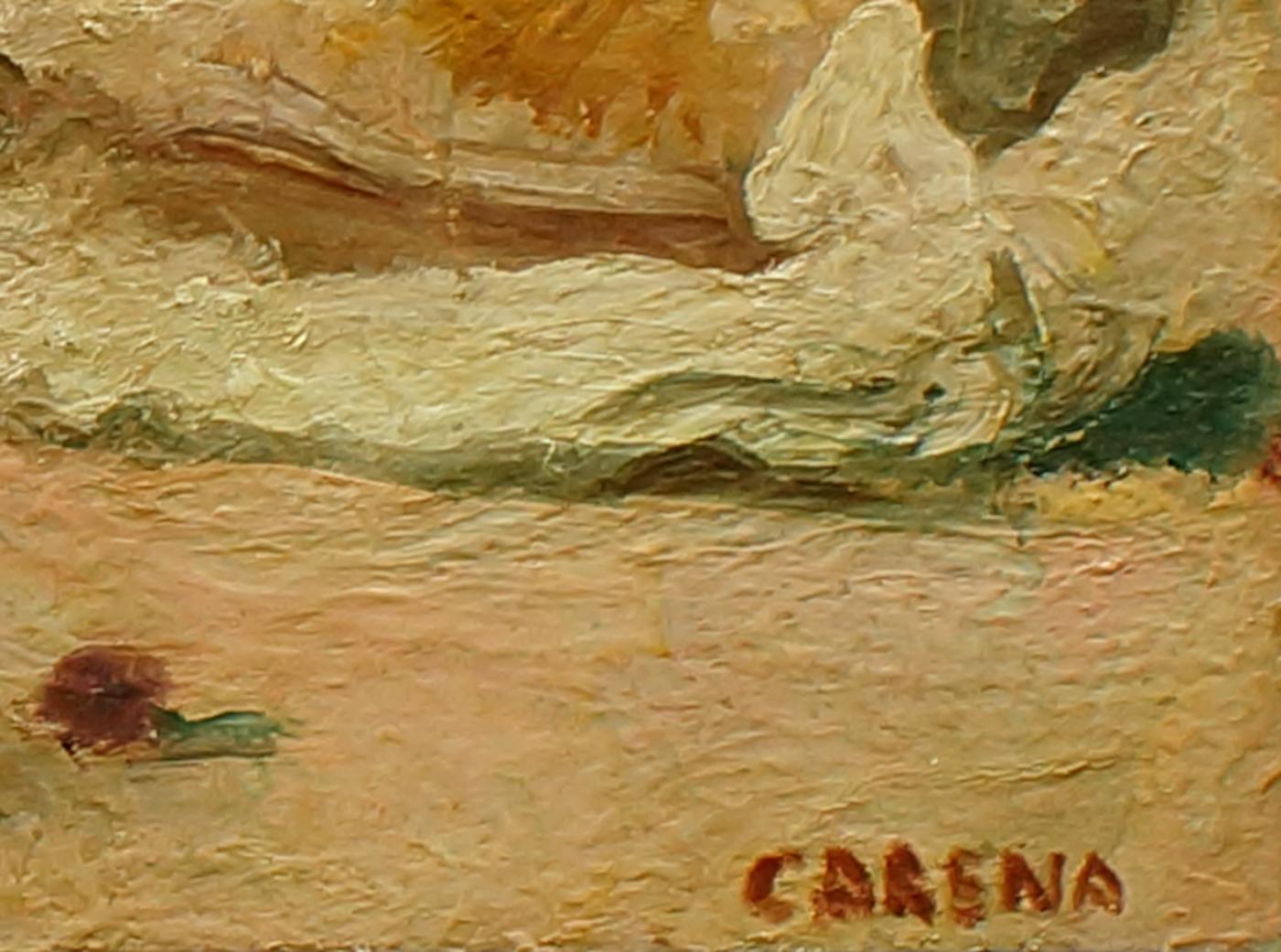 Naturaleza muerta - Óleo original sobre lienzo de F. Carena - 1952 - Figurative Painting Marrón de Felice Carena