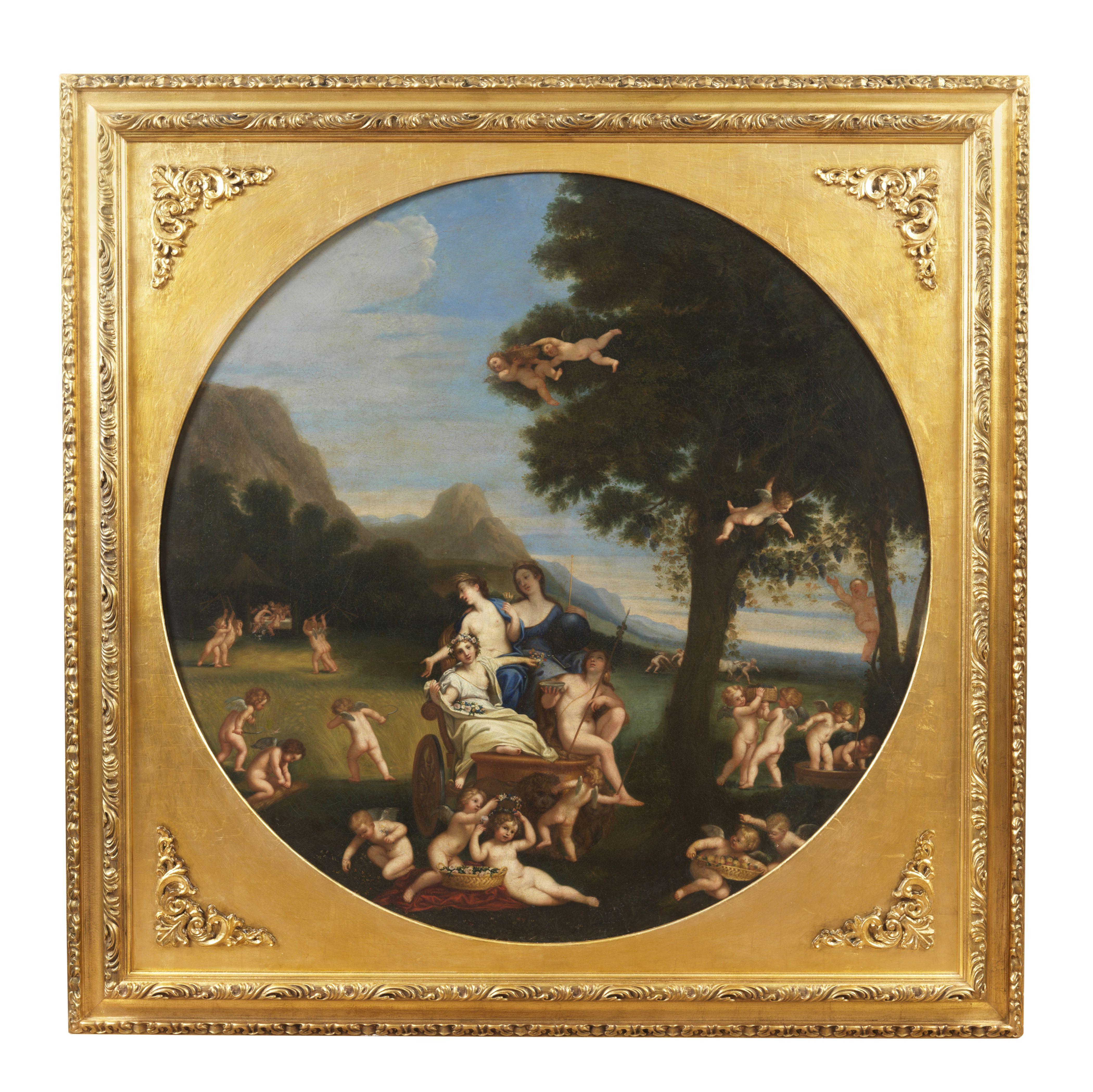 18. Jahrhundert  Erde Allegorie Felice Cignani Putti  Öl auf Leinwand Blau Grün im Angebot 1
