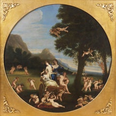 Antique 18th Century  Earth Allegory Felice Cignani Putti  Oil on Canvas Blue Green