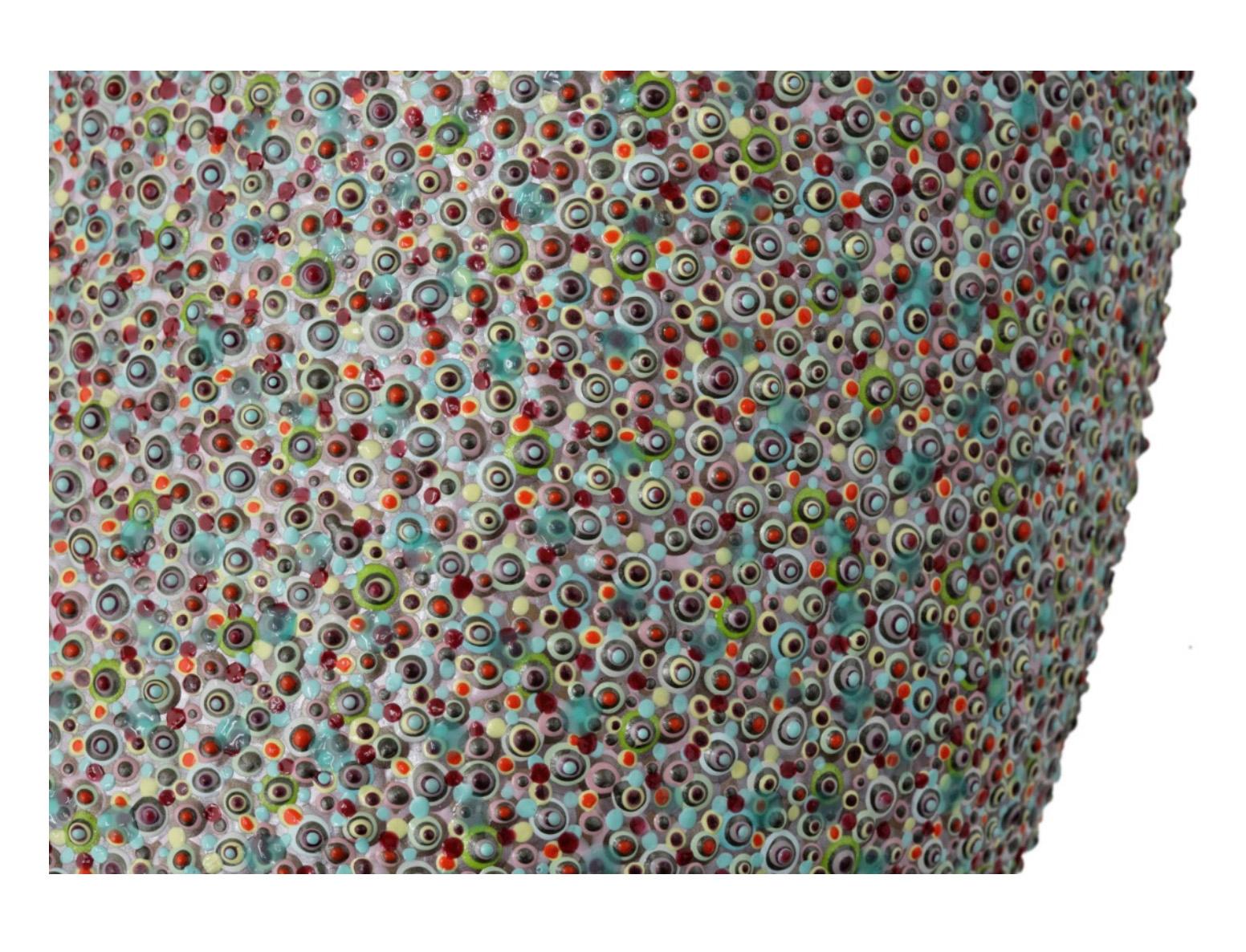 An original wall sculpture by American female artist Felice Koenig.

Koenig covers carved polystyrene forms with layers upon layers of acrylic dots.  The works take Koenig around 6 months to complete.  

Felice Koenig is a visual artist and
