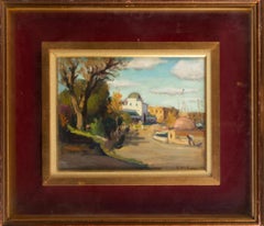 Rohdes, view of the City, original oil on cardboard, Italian art Felice Vellan