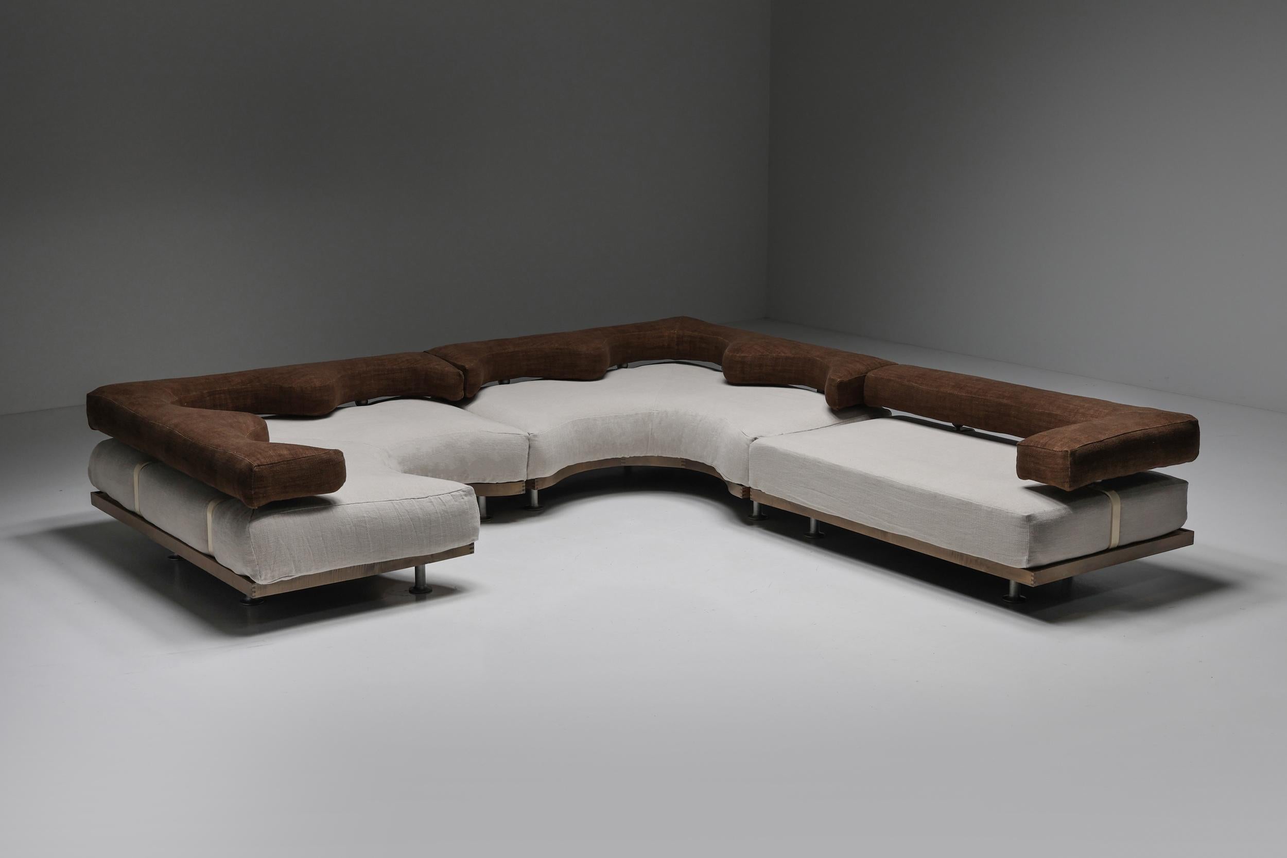 Felicerossi; Italian; Post-Modern; Sectional Sofa; Modular Sofa; Italian Design; Italy; 1970s; Felice Rossi; Brown; Beige; Fabric; Upholstery; 

A rare Felicerossi Italian post-modern sectional sofa in brown and beige fabric upholstery, produced