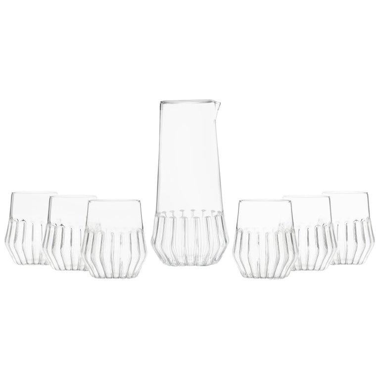 EU Clients Contemporary Mixed Carafe Pitcher and 6 Mixed Small Glass