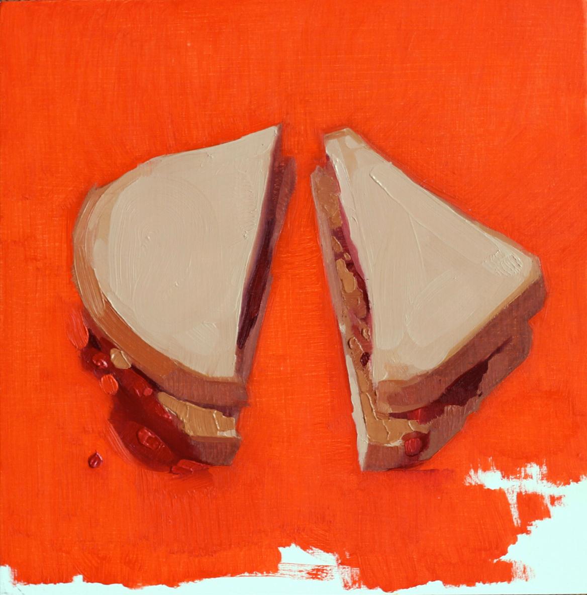 Felicia Forte Still-Life Painting – „I Feel Useful“ Original-Ölgemälde von Sandwich auf Rot, Original