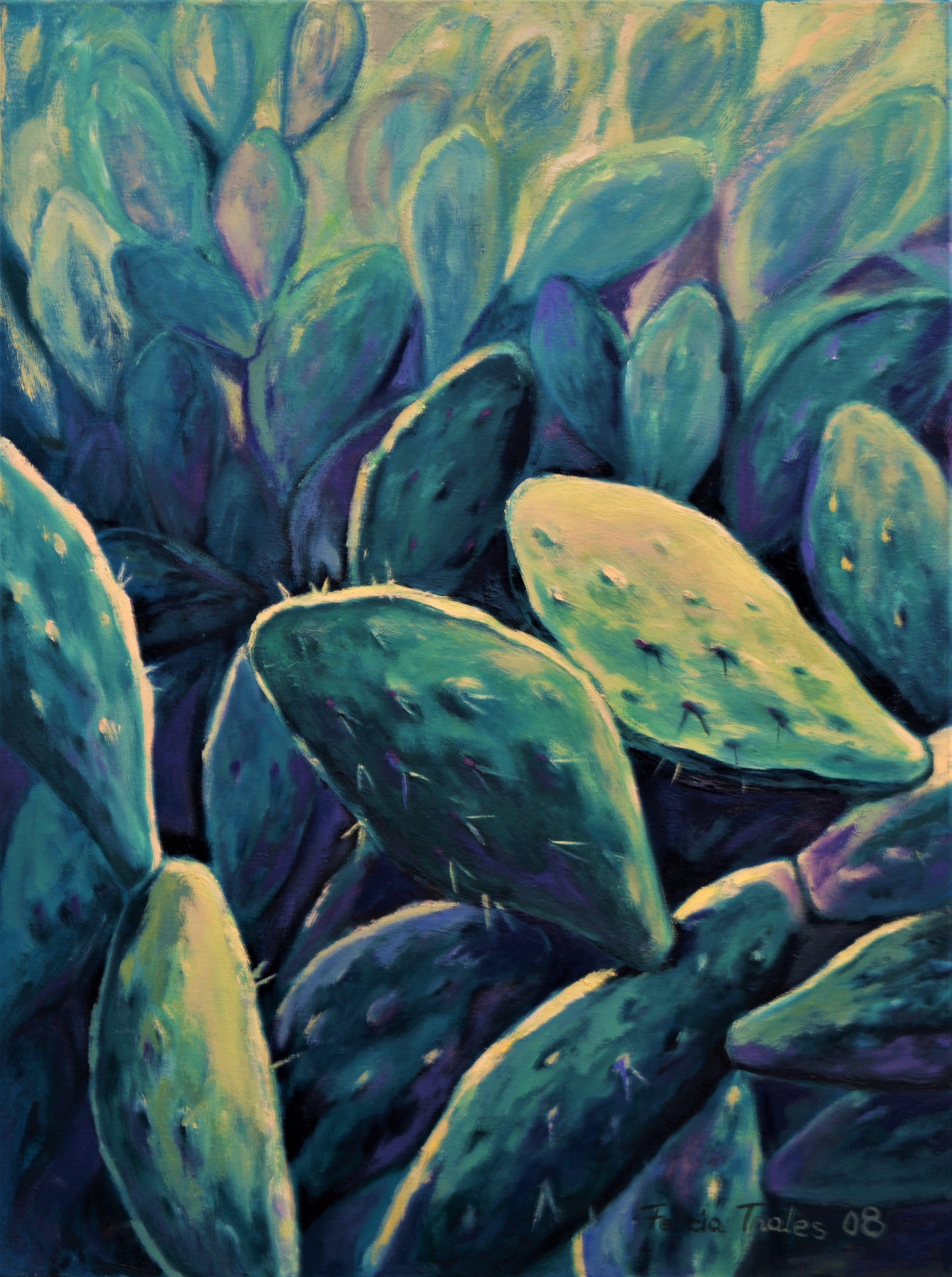 Cactus blu, Pittura, Olio su tela - Painting di Felicia Trales