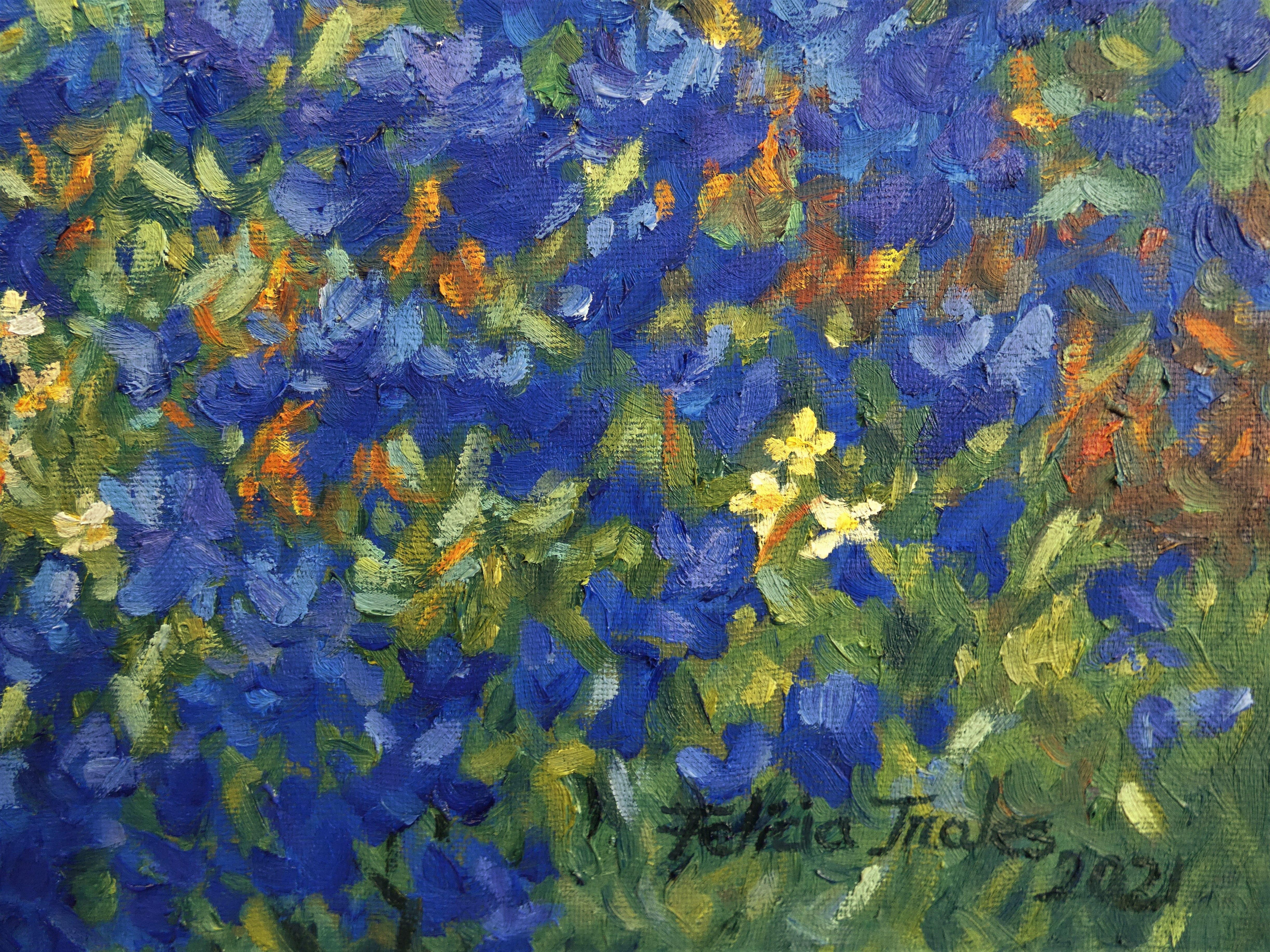 Blaue Blumen, Gemälde, Öl auf Leinwand (Impressionismus), Painting, von Felicia Trales