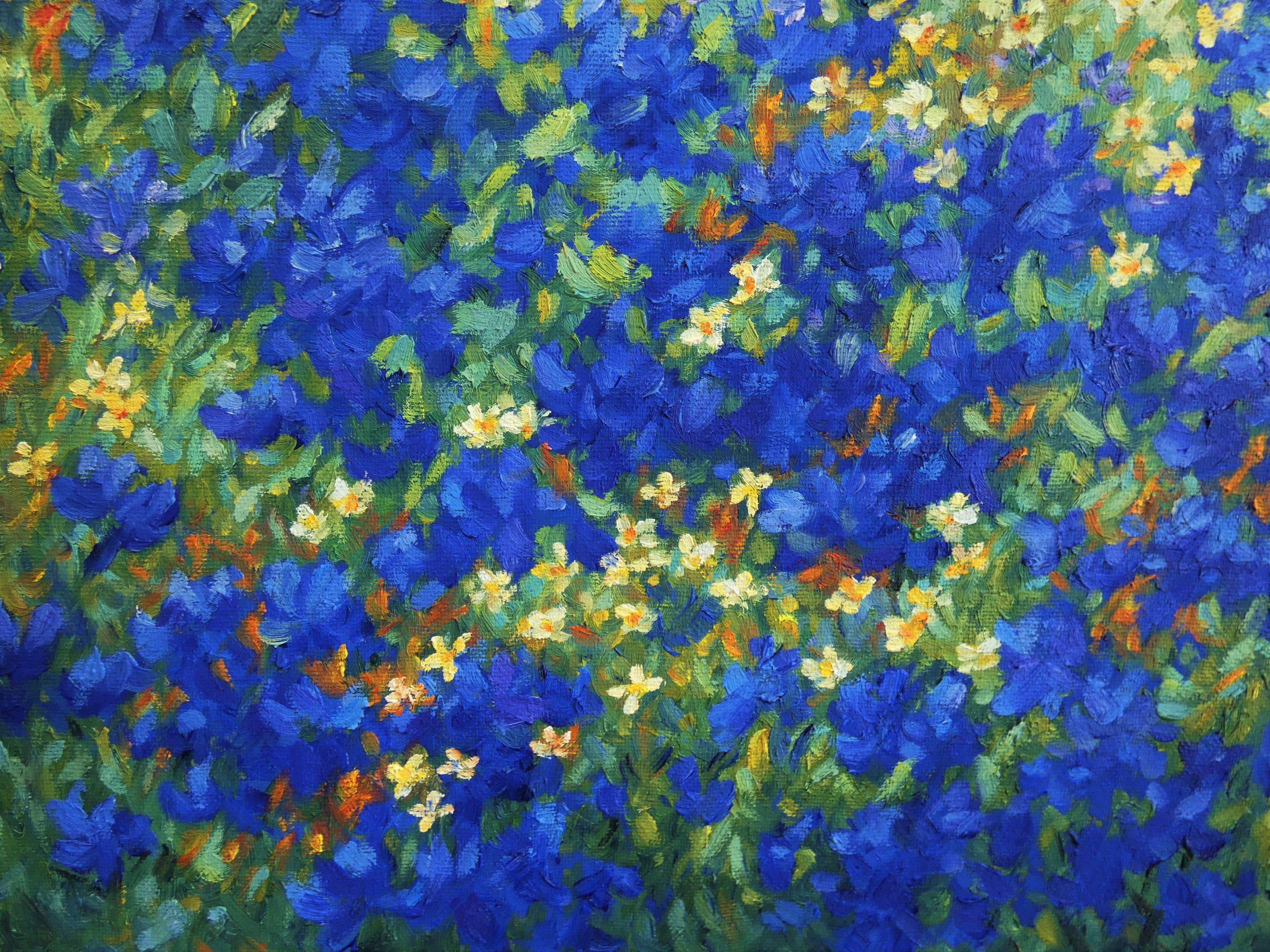 Blaue Blumen, Gemälde, Öl auf Leinwand im Angebot 1