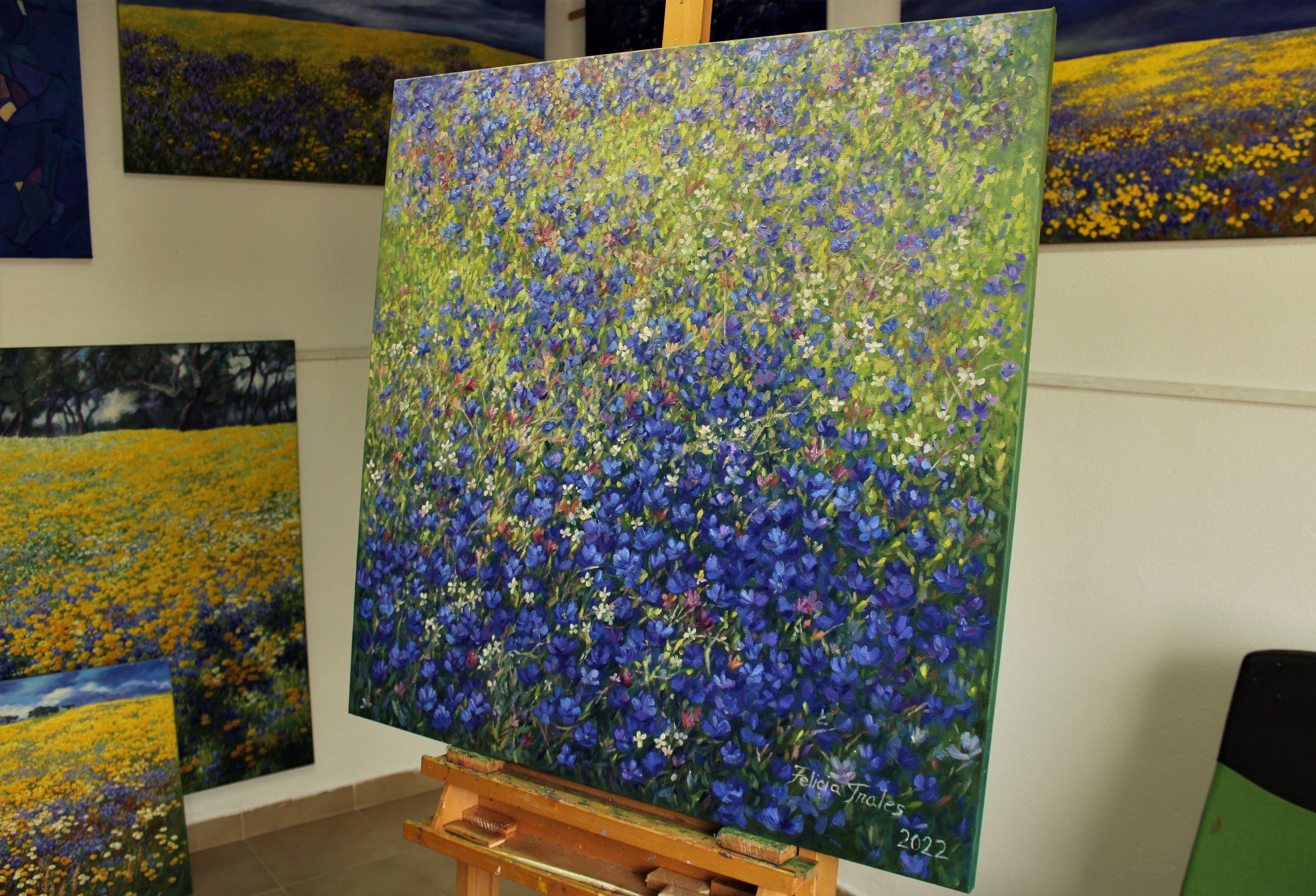 Blue Flowers, Painting, Oil on Canvas For Sale 3