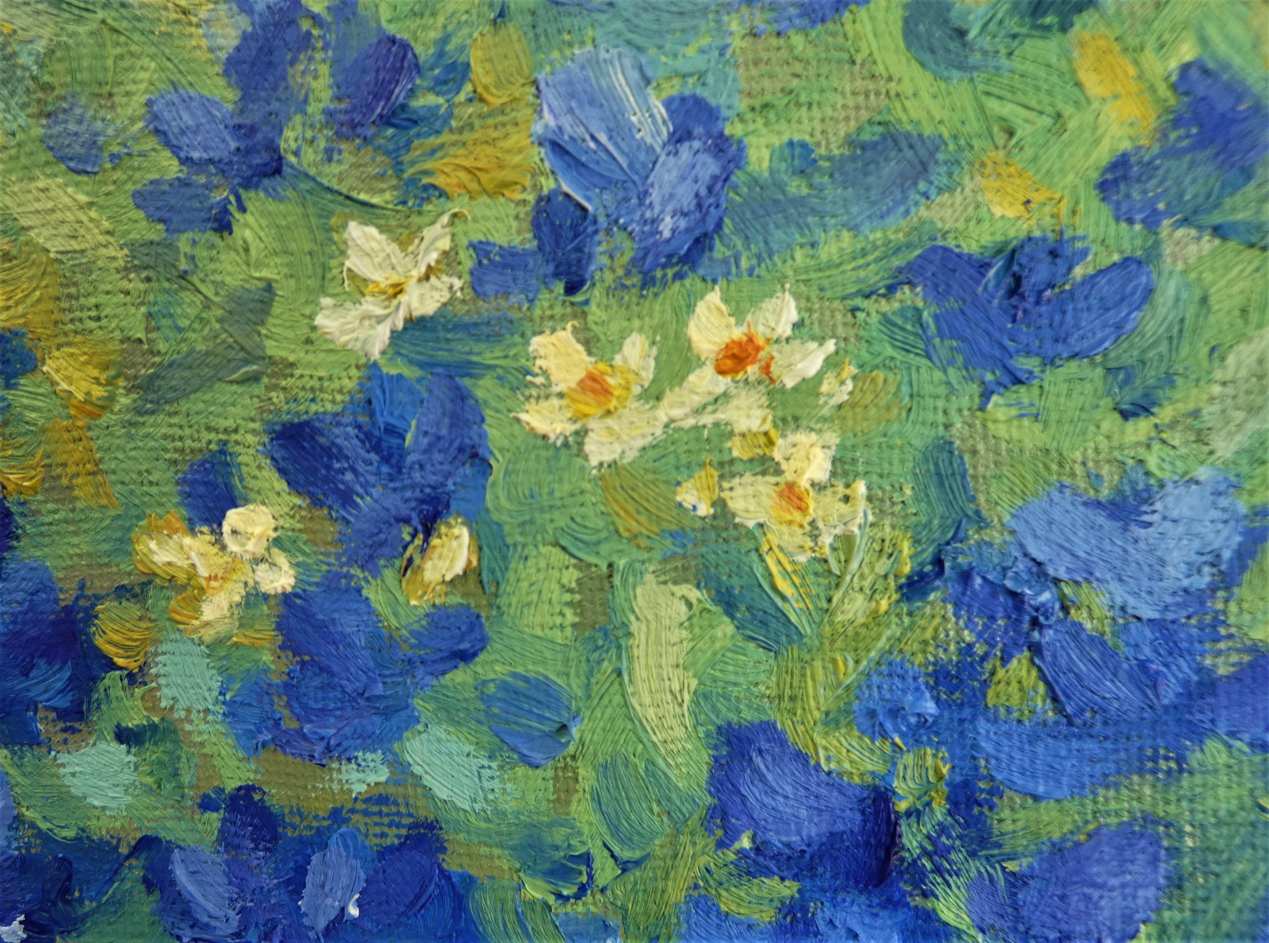 Blaue Blumen, Gemälde, Öl auf Leinwand im Angebot 2