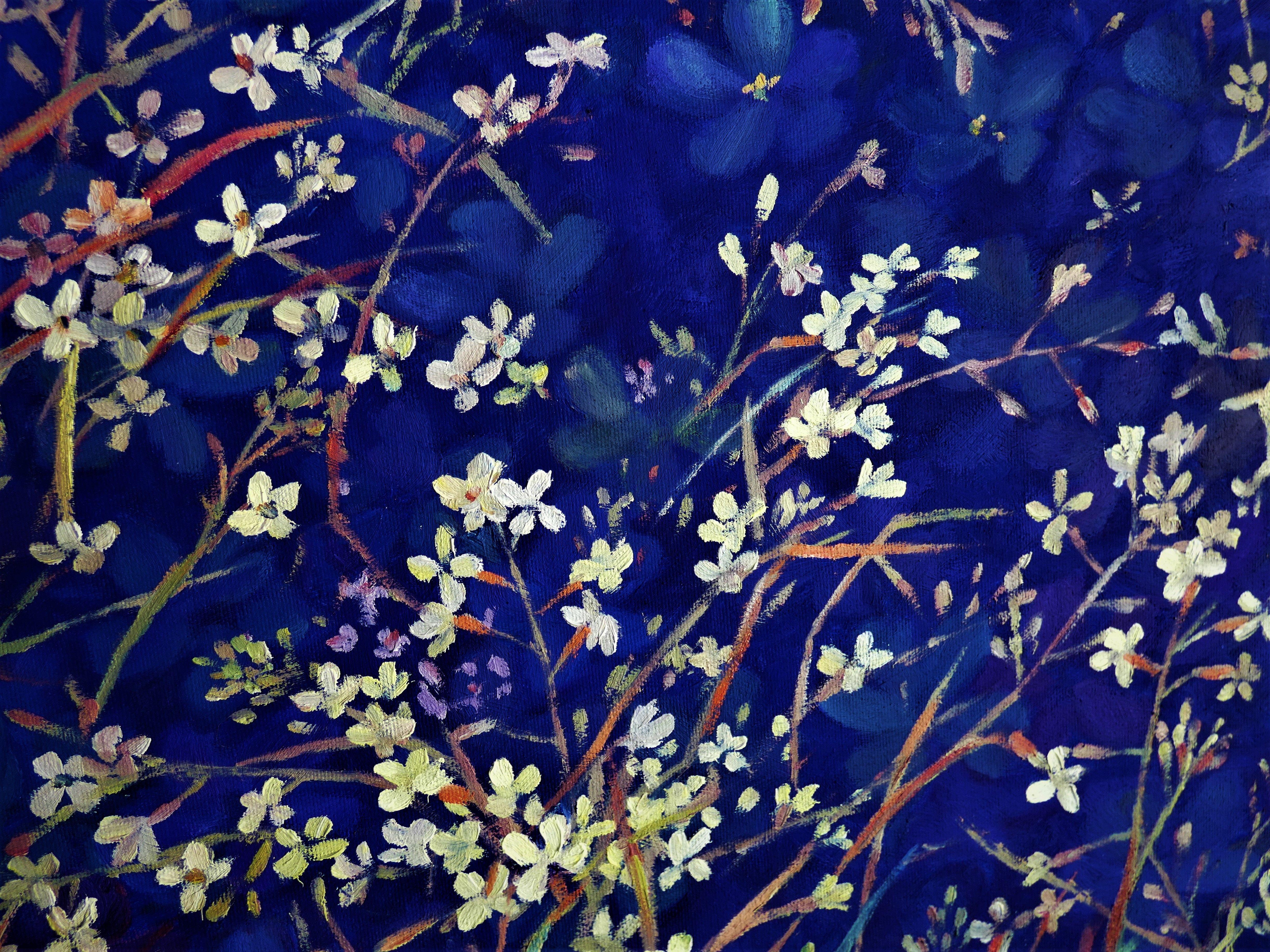 Peinture, huile sur toile, bleu profond « Lights on Deep Blue » - Expressionniste Painting par Felicia Trales