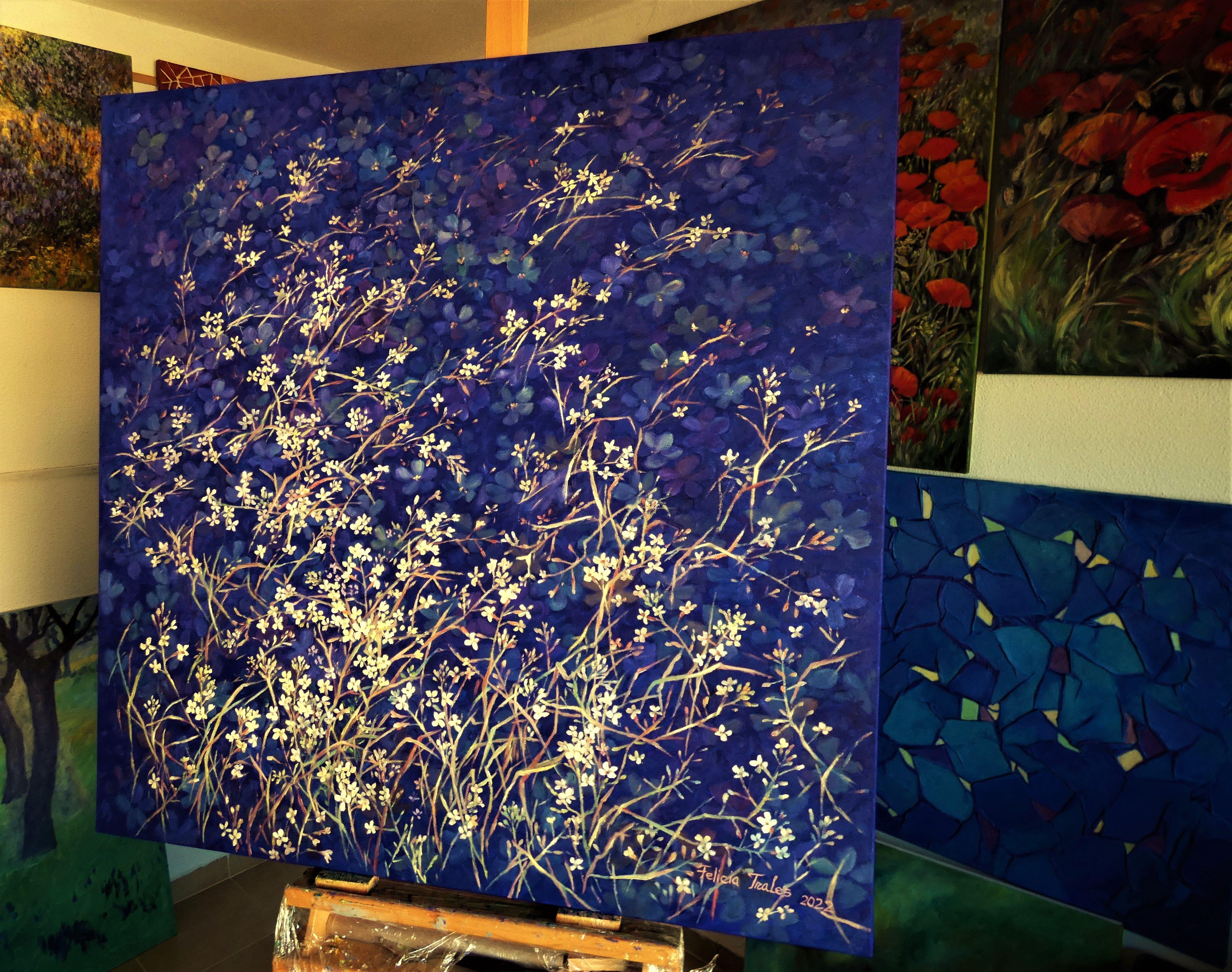 Peinture, huile sur toile, bleu profond « Lights on Deep Blue » en vente 2