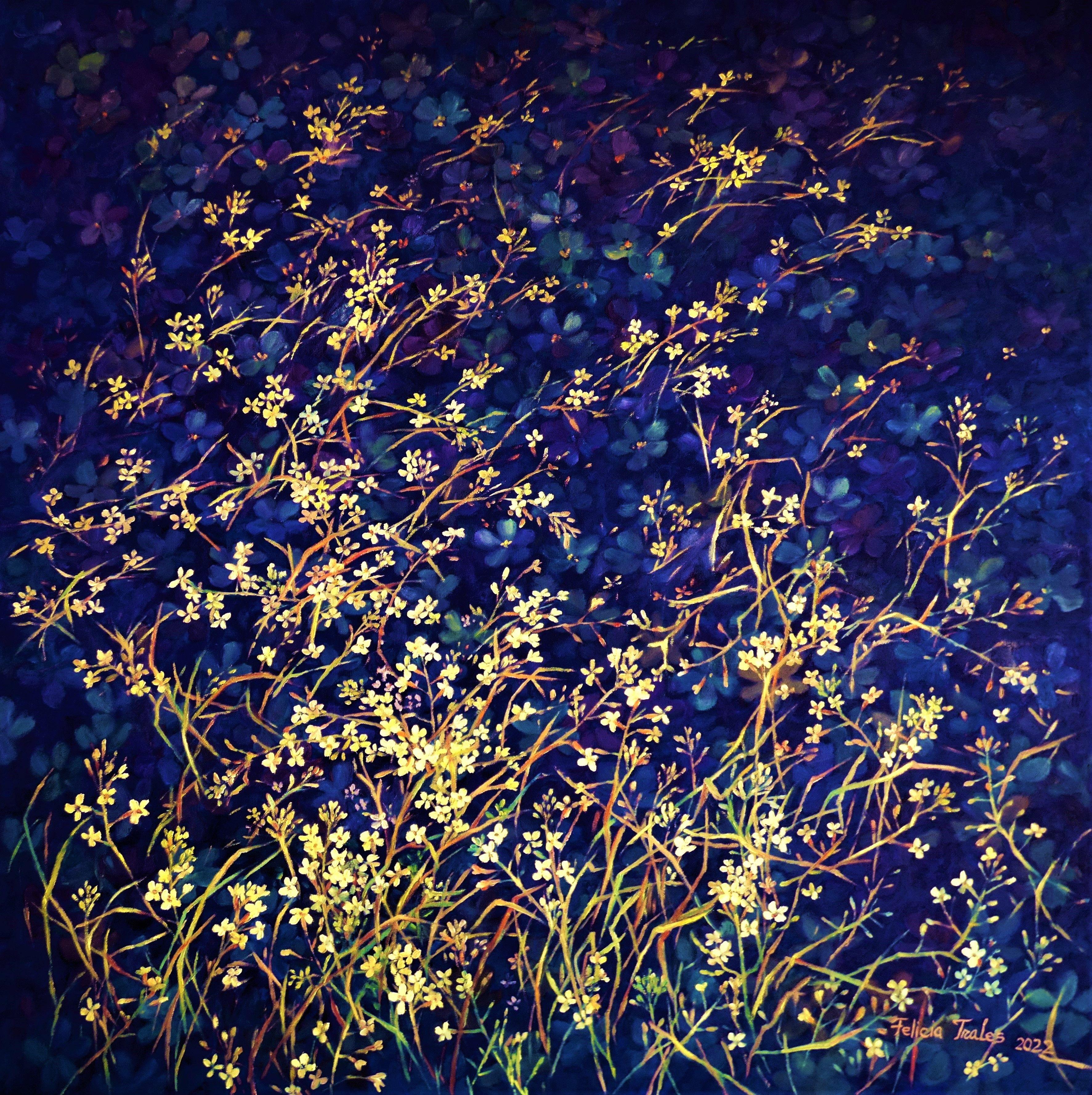 Peinture, huile sur toile, bleu profond « Lights on Deep Blue » - Painting de Felicia Trales