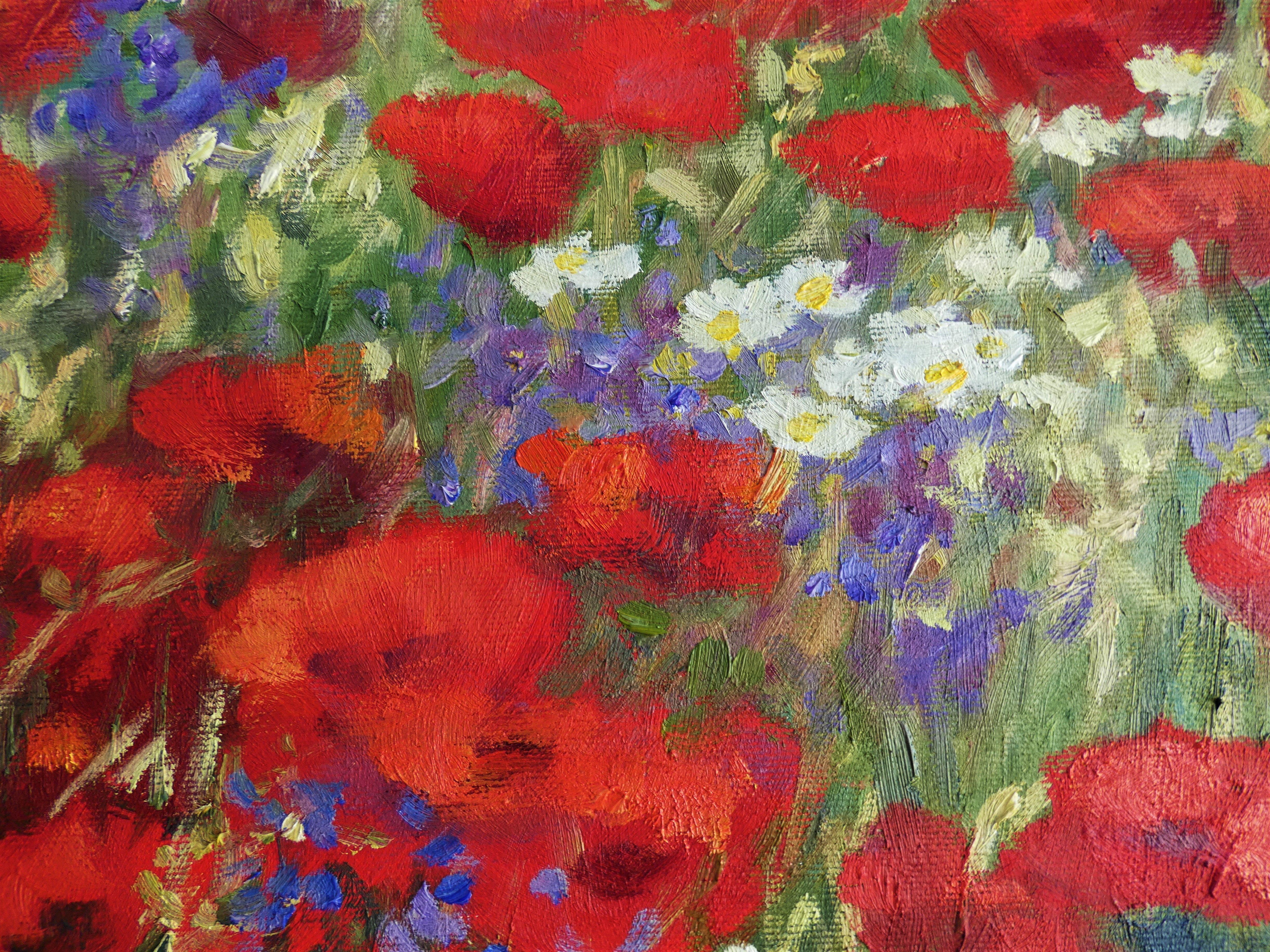 Rote Wildblumen, Gemälde, Öl auf Leinwand (Impressionismus), Painting, von Felicia Trales