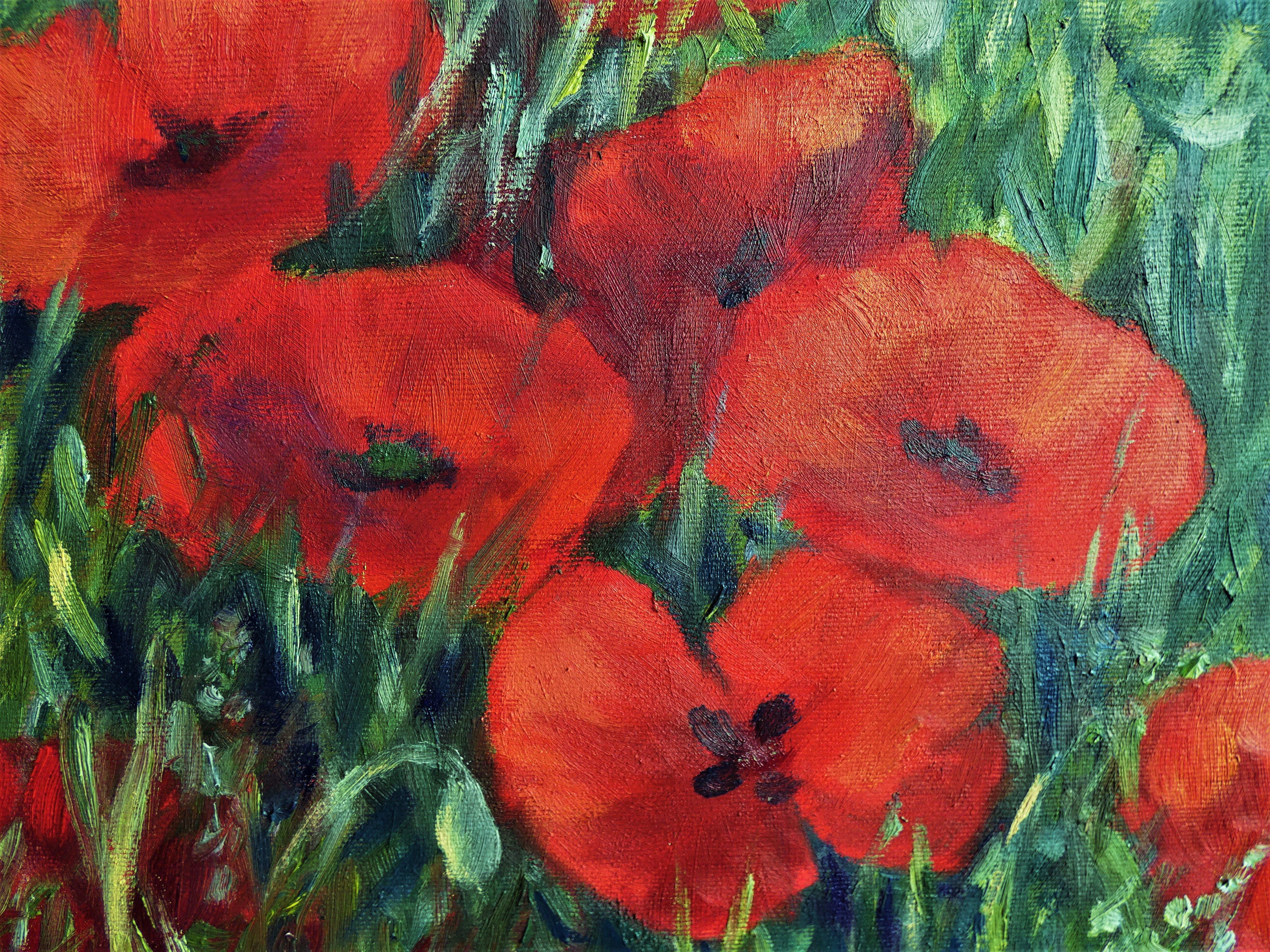 Rote Wildblumen, Gemälde, Öl auf Leinwand im Angebot 1