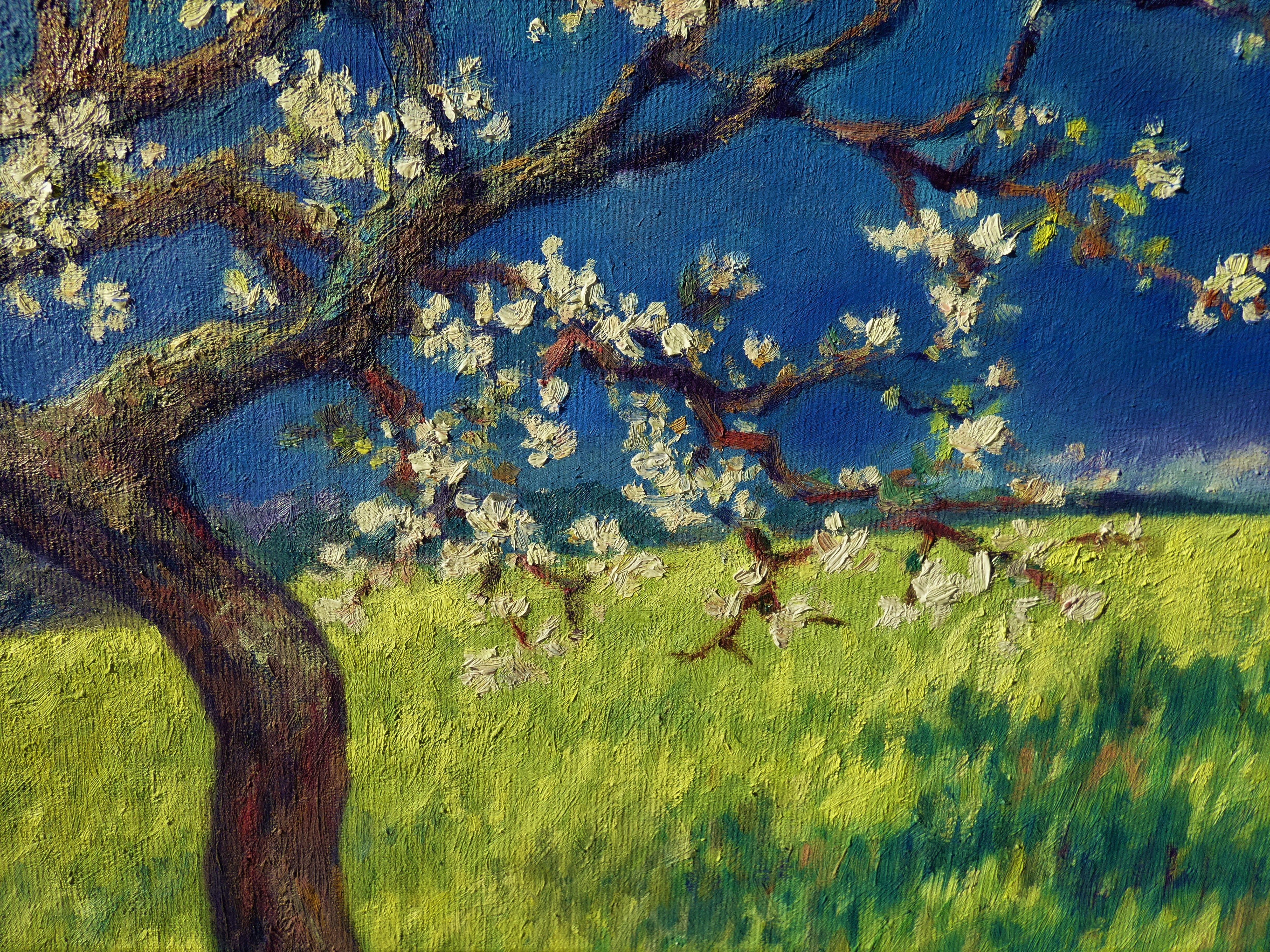 In diesem Ölgemälde habe ich die Essenz der Frühlingserneuerung eingefangen. Die impressionistischen Pinselstriche beleben den Obstgarten leidenschaftlich, der blühende Baum symbolisiert Leben und Blüte. Die Frische des Grüns und die Gelassenheit
