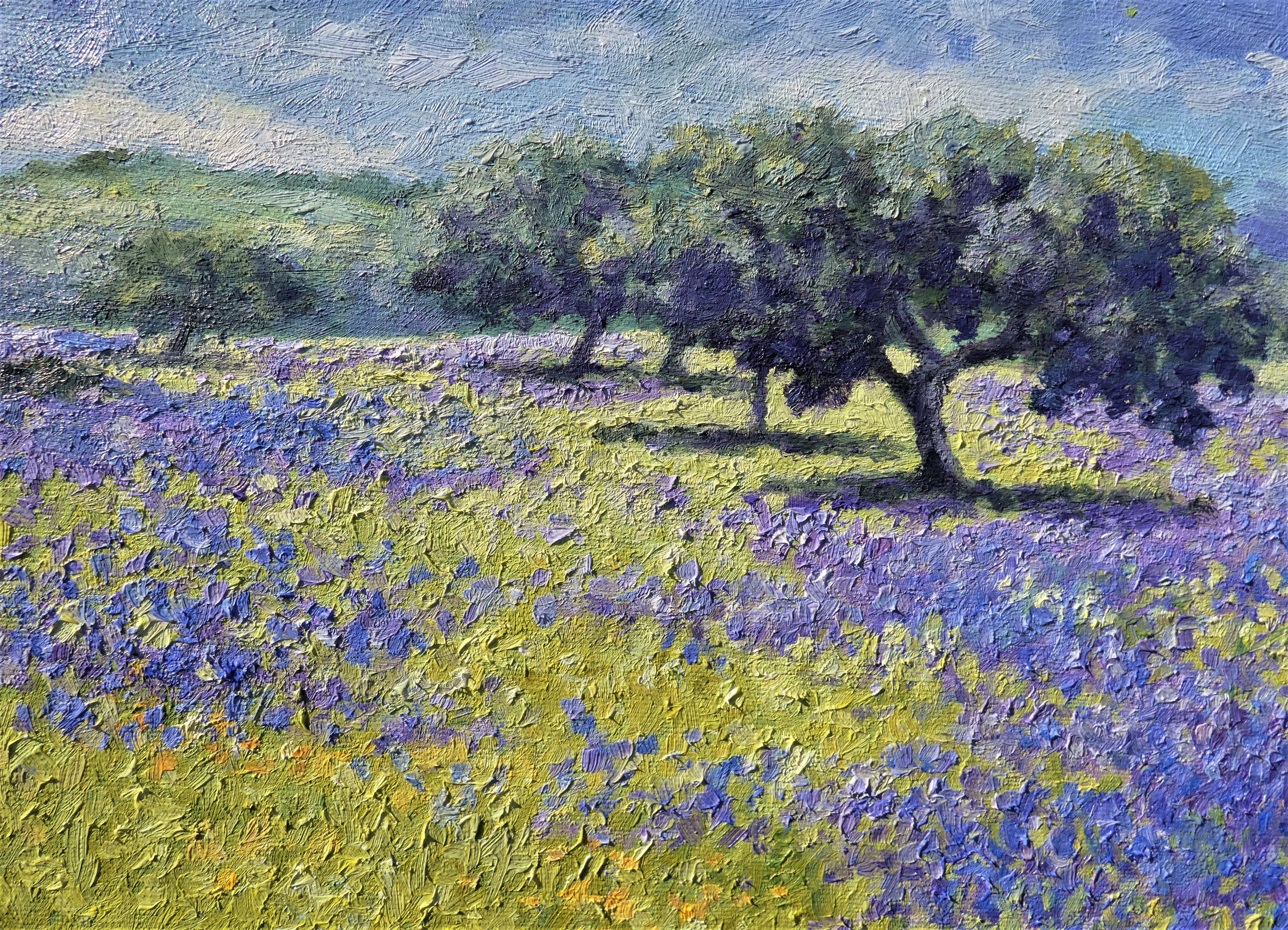 Printemps violet, peinture, huile sur toile - Impressionnisme Painting par Felicia Trales