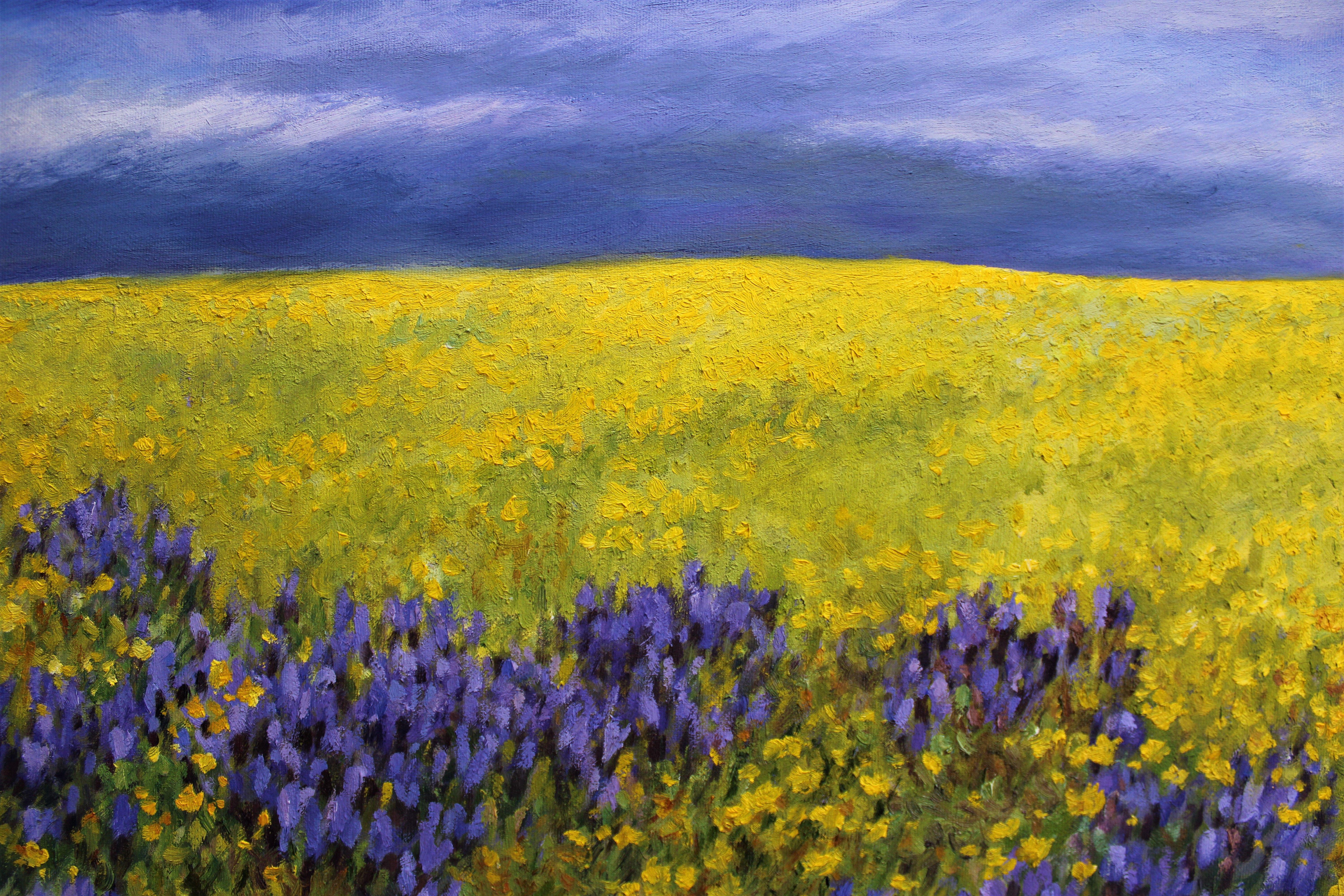 Wildes lavendelfarbenes Feld, Gemälde, Öl auf Leinwand im Angebot 2