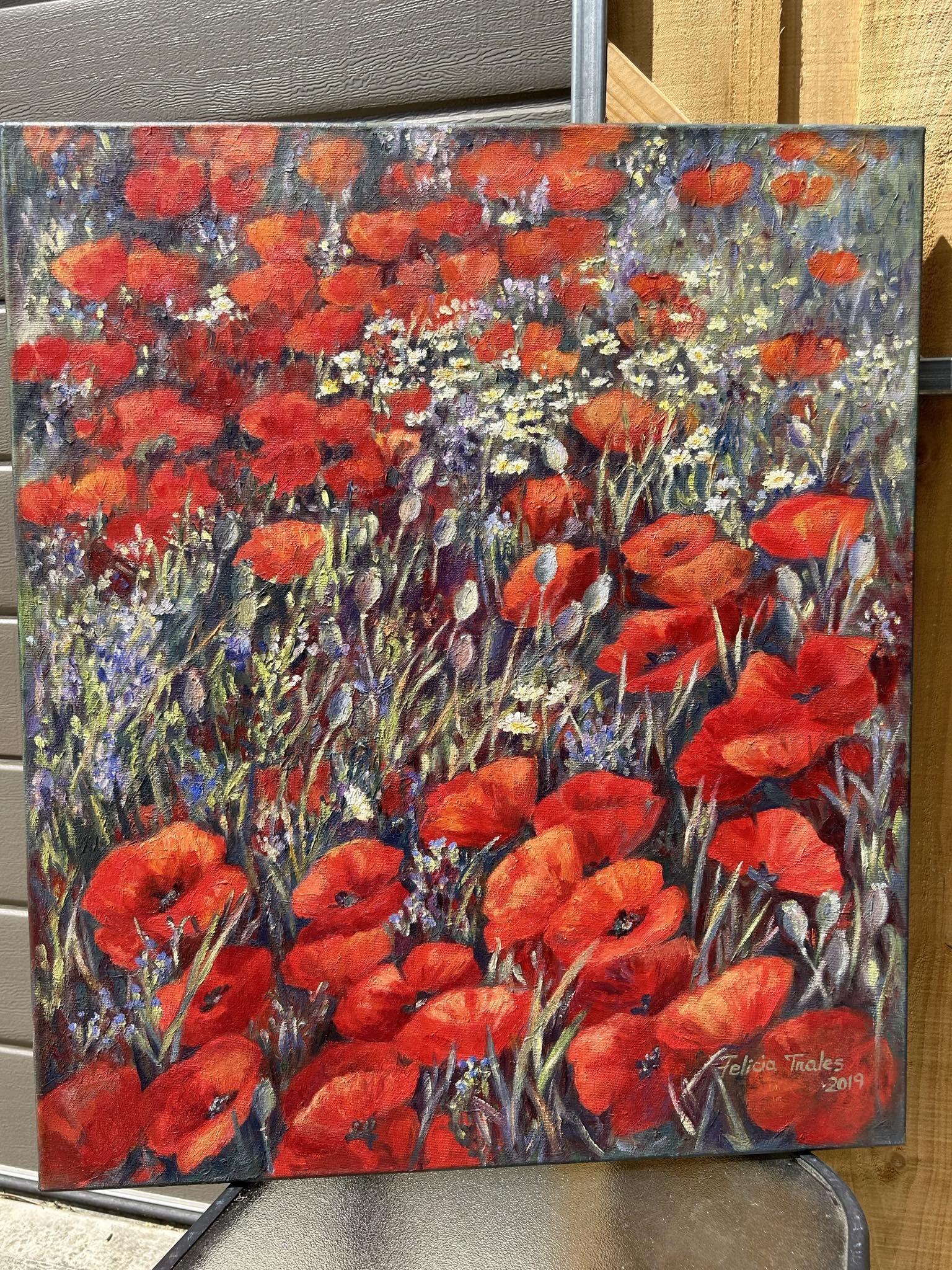 Wild Red Poppis, Painting, Oil on Canvas For Sale 4