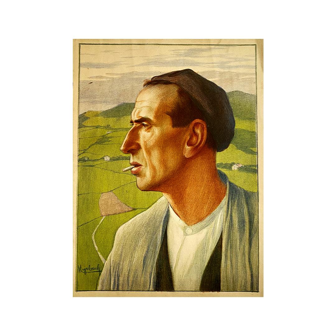 Original color print made around 1900 by Myrbach - Portrait of a basque man For Sale 1
