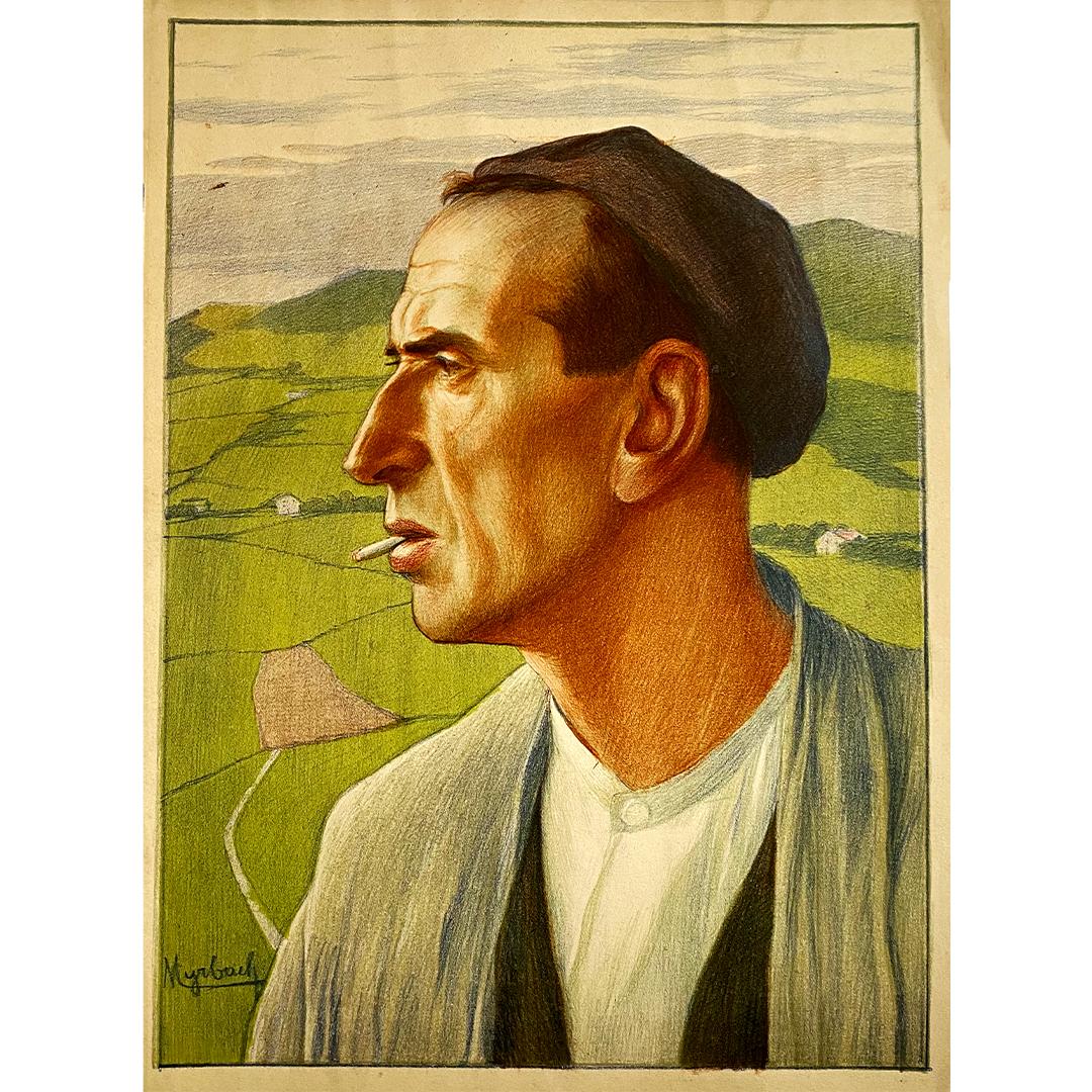 Original color print made around 1900 by Myrbach - Portrait of a basque man - Print by Felician Myrbach