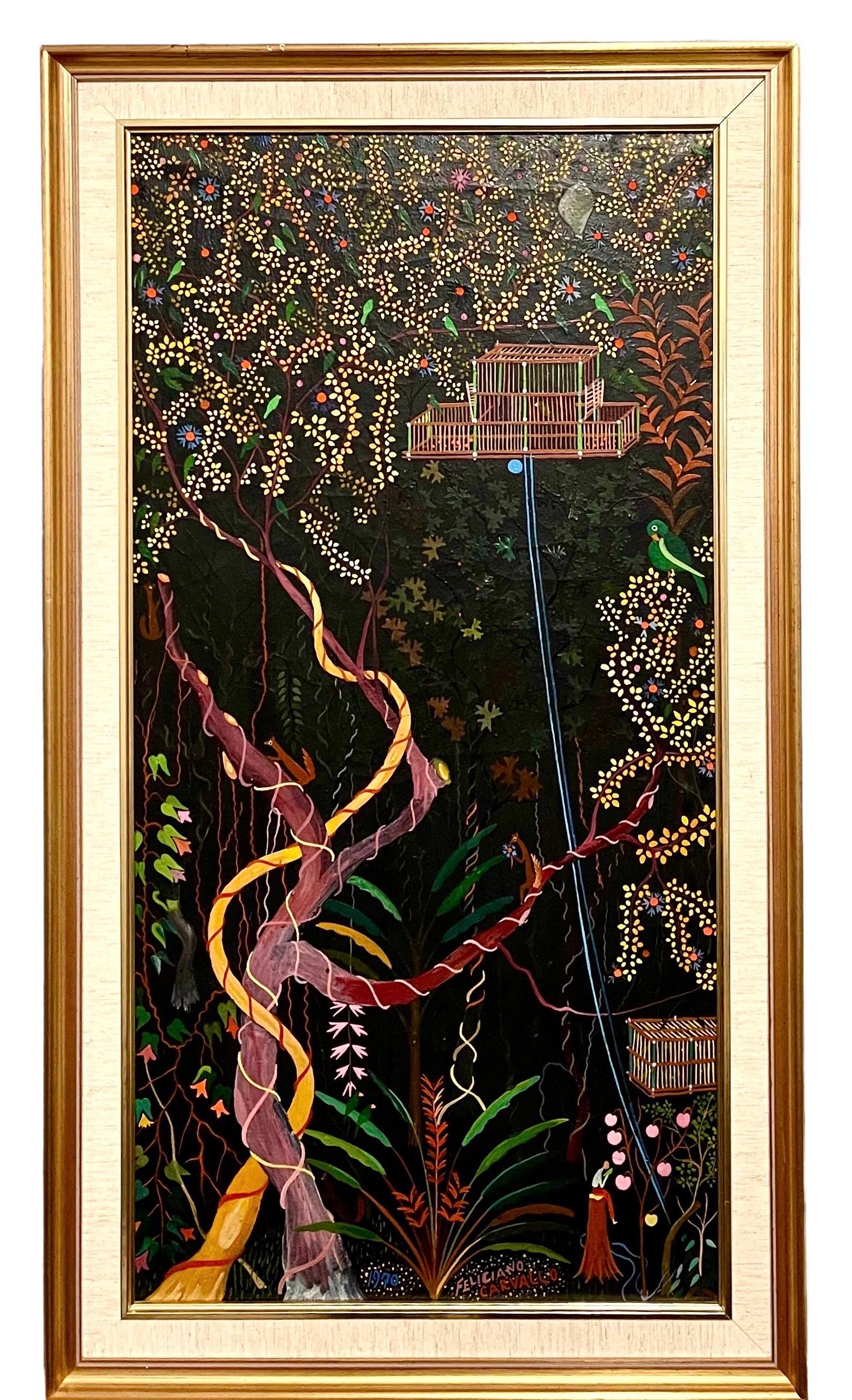 Oil painting of foliage, birds, flowers, tree house.
Framed 34.5 X 19.5 canvas 31 X 16.

Feliciano Carvallo ( Naiguatá, 1920 - Catia La Mar, Vargas, 2012) was a self-taught Venezuelan painter. Carvallo used a naive style to make paintings on themes