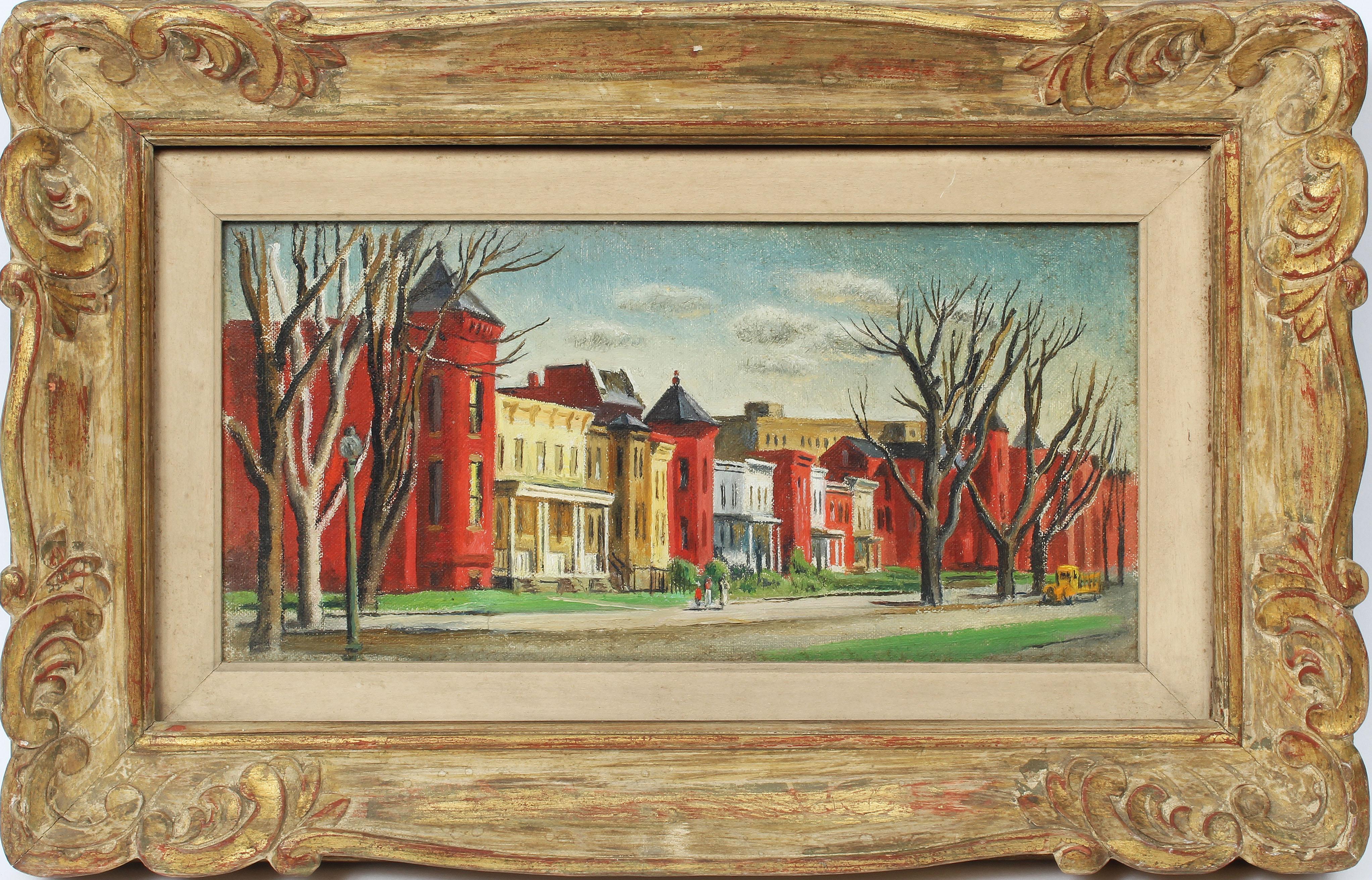 Landscape Painting de Felicie Howell - Antiguo cuadro al óleo firmado por una mujer americana impresionista Paisaje urbano de Nueva Inglaterra