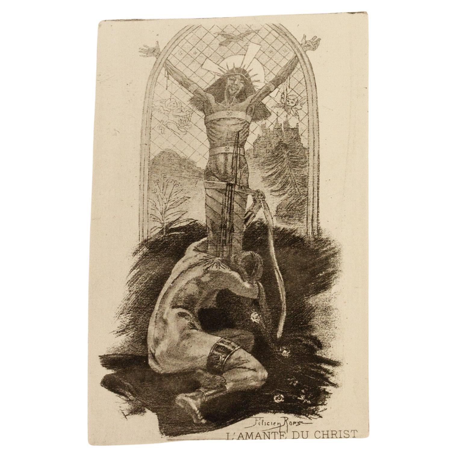 Felicien Rops (1833-1898) "L'Amante du Christ" Acquaforte originale belga del 19° C. in vendita