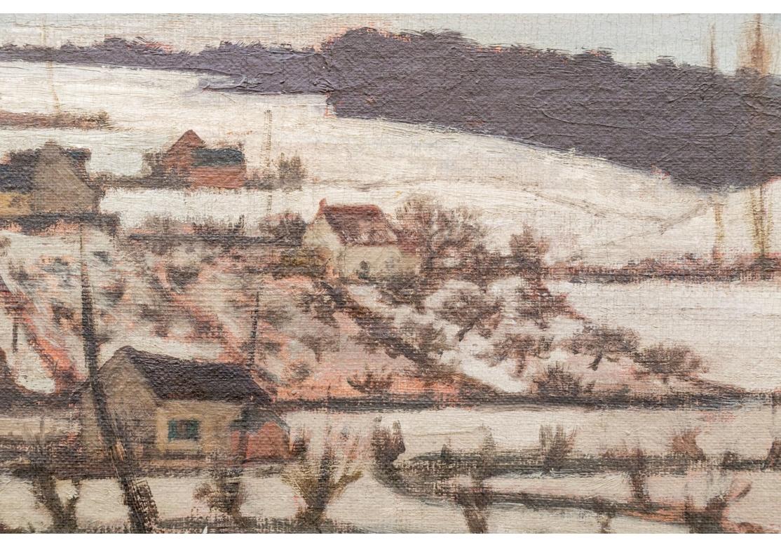 19th Century Felicien Rops (Belgium, 1833-1898) Oil Board, Village Landscape In Winter For Sale