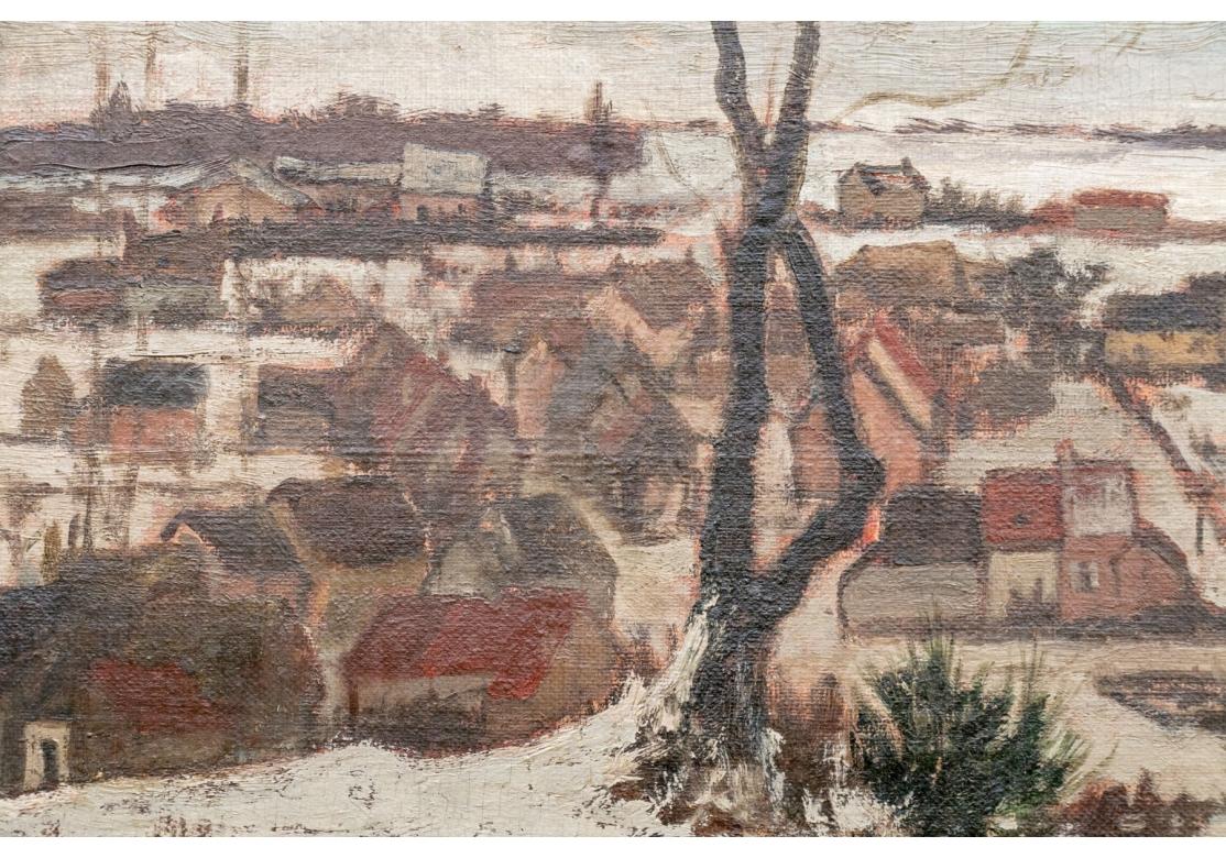 Bois Planche à l'huile Felicien Rops (Belgique, 1833-1898), paysage de village en hiver en vente
