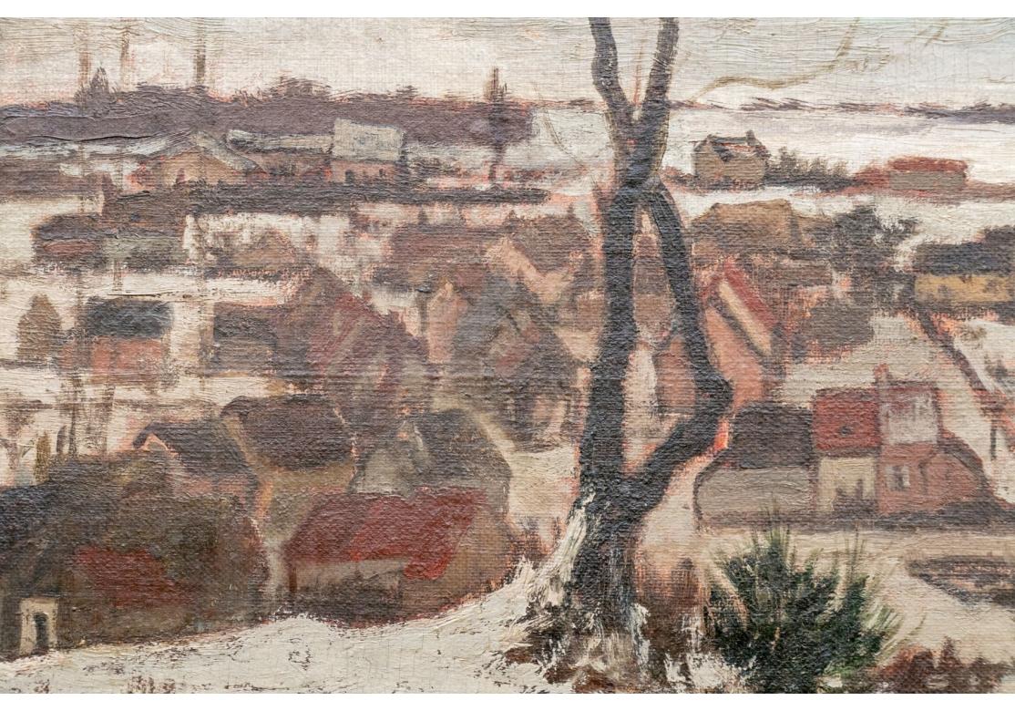 Legno Felicien Rops (Belgio, 1833-1898) Tavola ad olio, Paesaggio di un villaggio in inverno in vendita